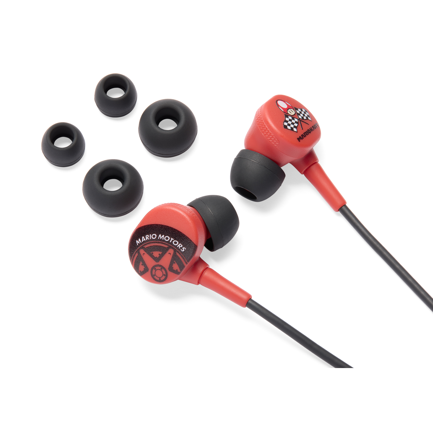 Red Mario Kart earbuds with additional ear tips. Each earbud has a different logo.