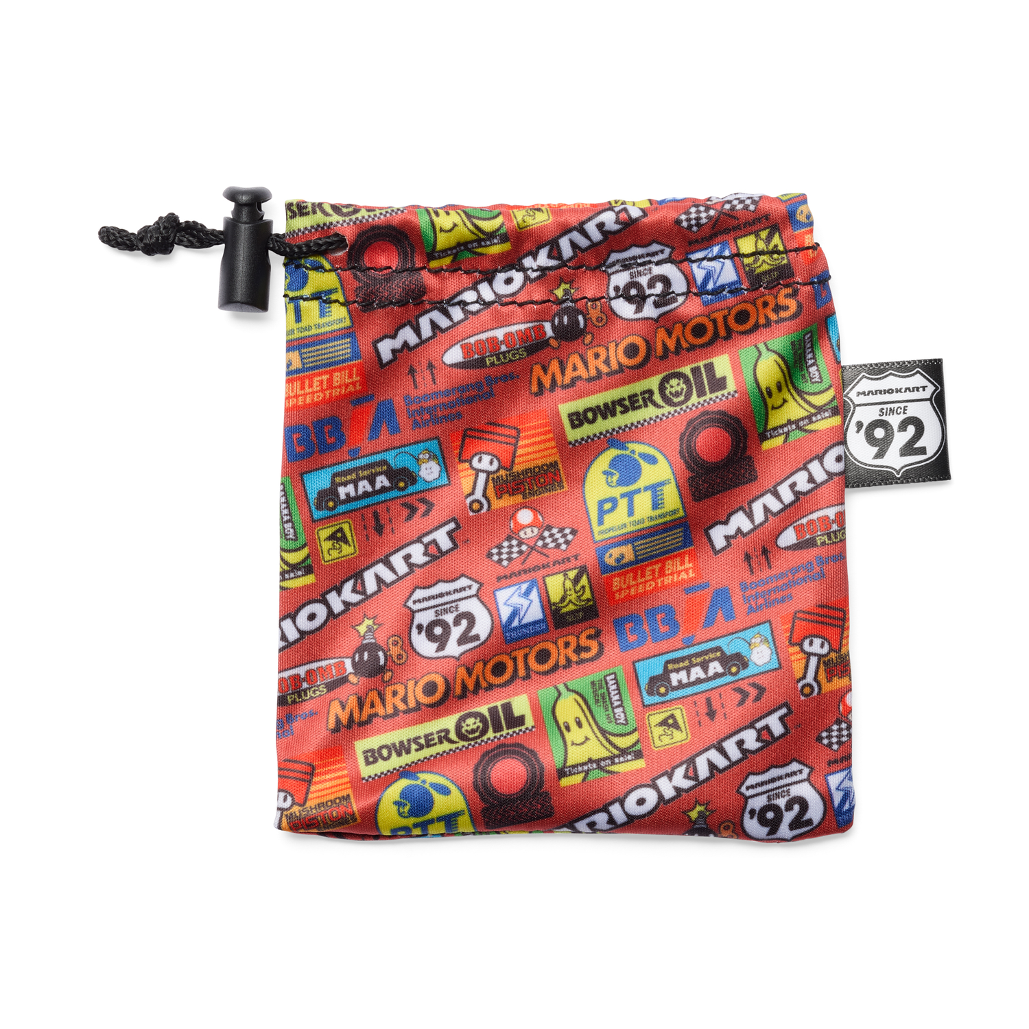 Red Mario Kart drawstring bag covered with graphics. Has a black stopper.