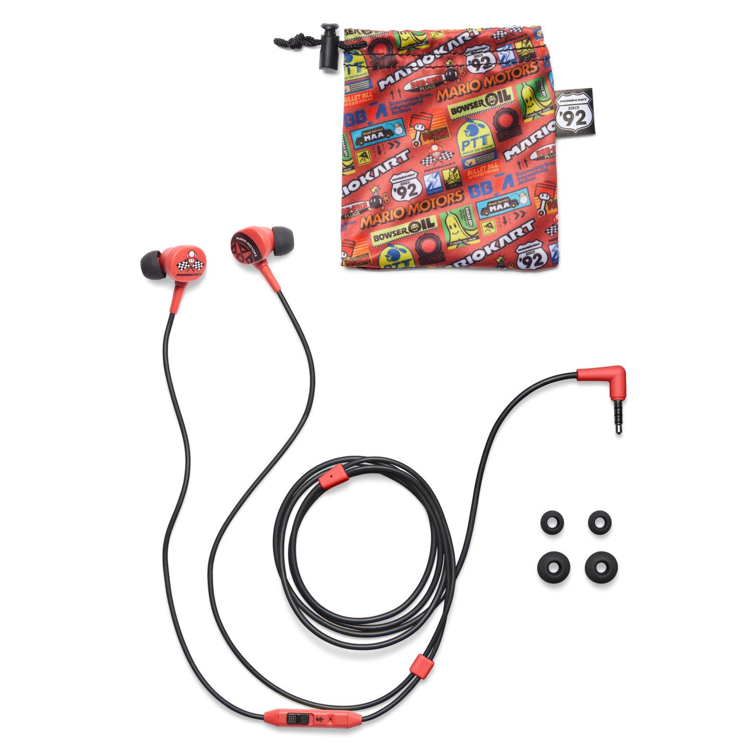Mario Kart earbuds, extra tips, and drawstring bag with graphics. All on a white surface.