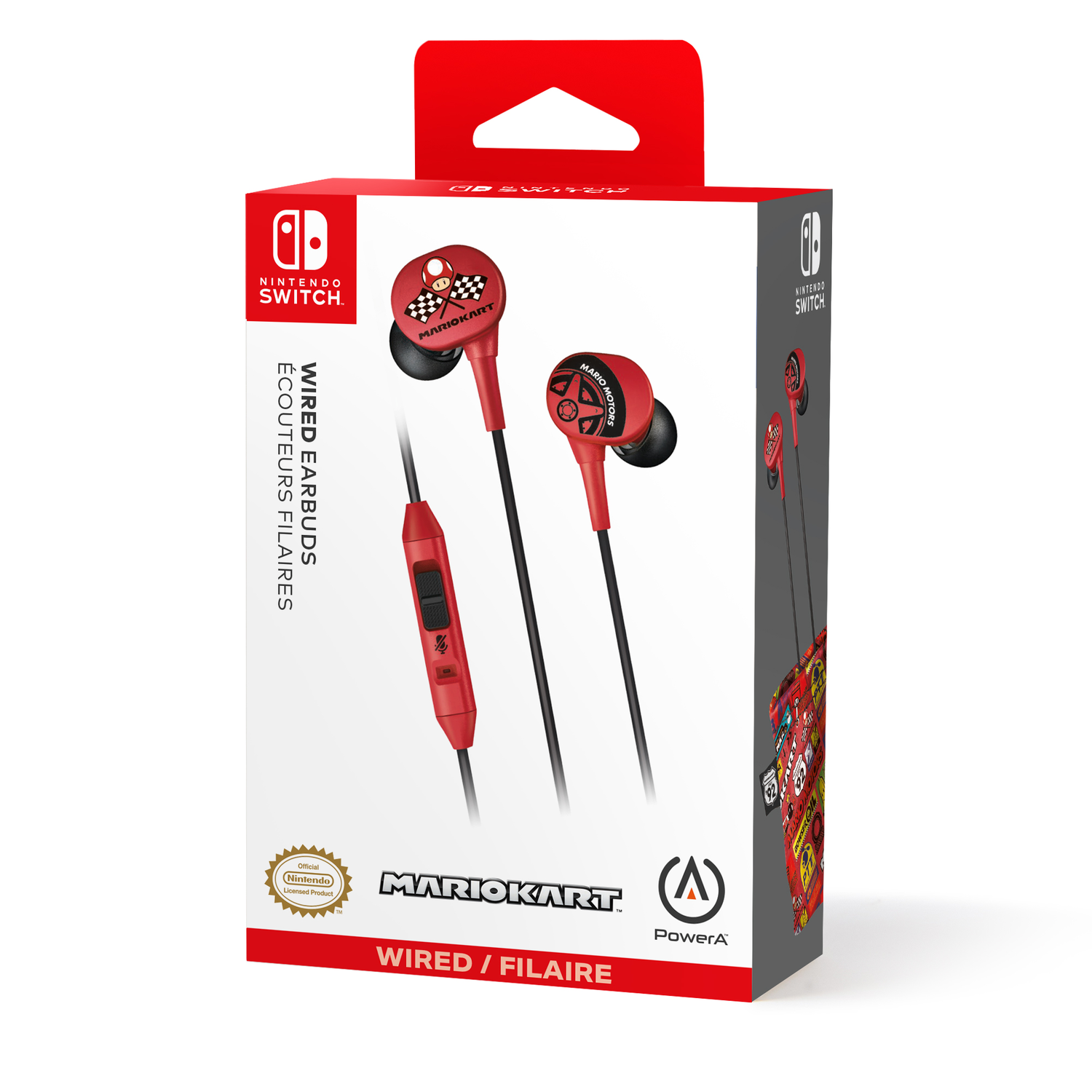 Mario Kart earbuds in packaging. The box displays images of the earbuds and the Nintendo Switch logo.