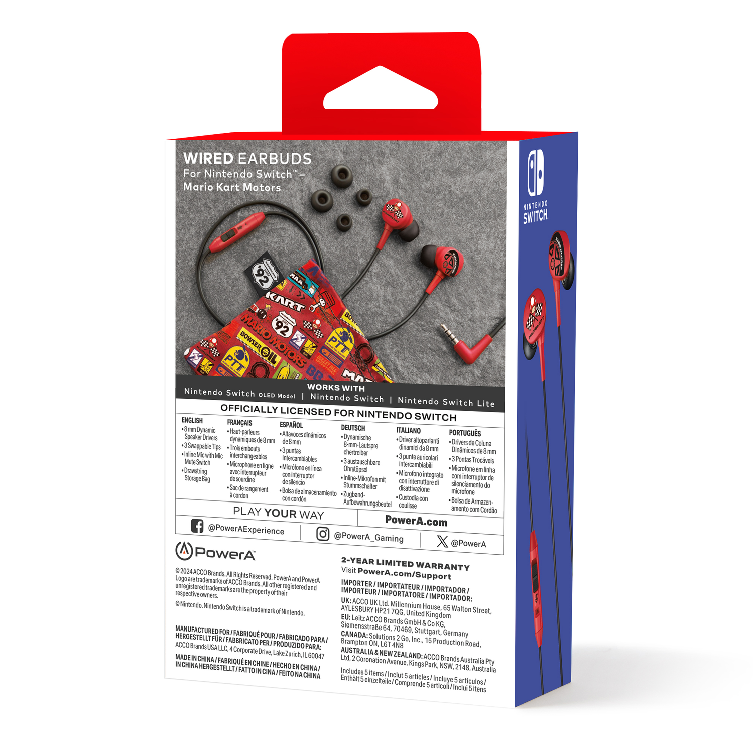 Back of a Mario Kart earbuds box, with text and images. Displays information and the Nintendo Switch logo.