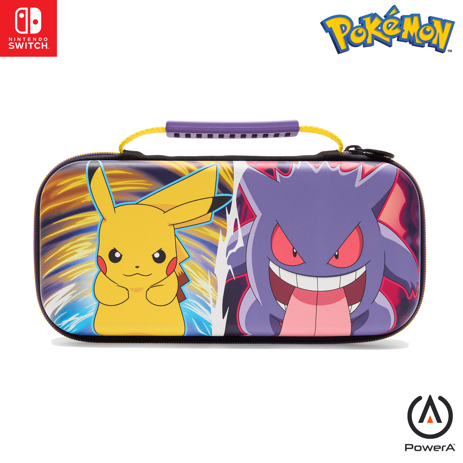 Pokemon Nintendo Switch draagtas. Met Pikachu en Gengar en een paarse handgreep.