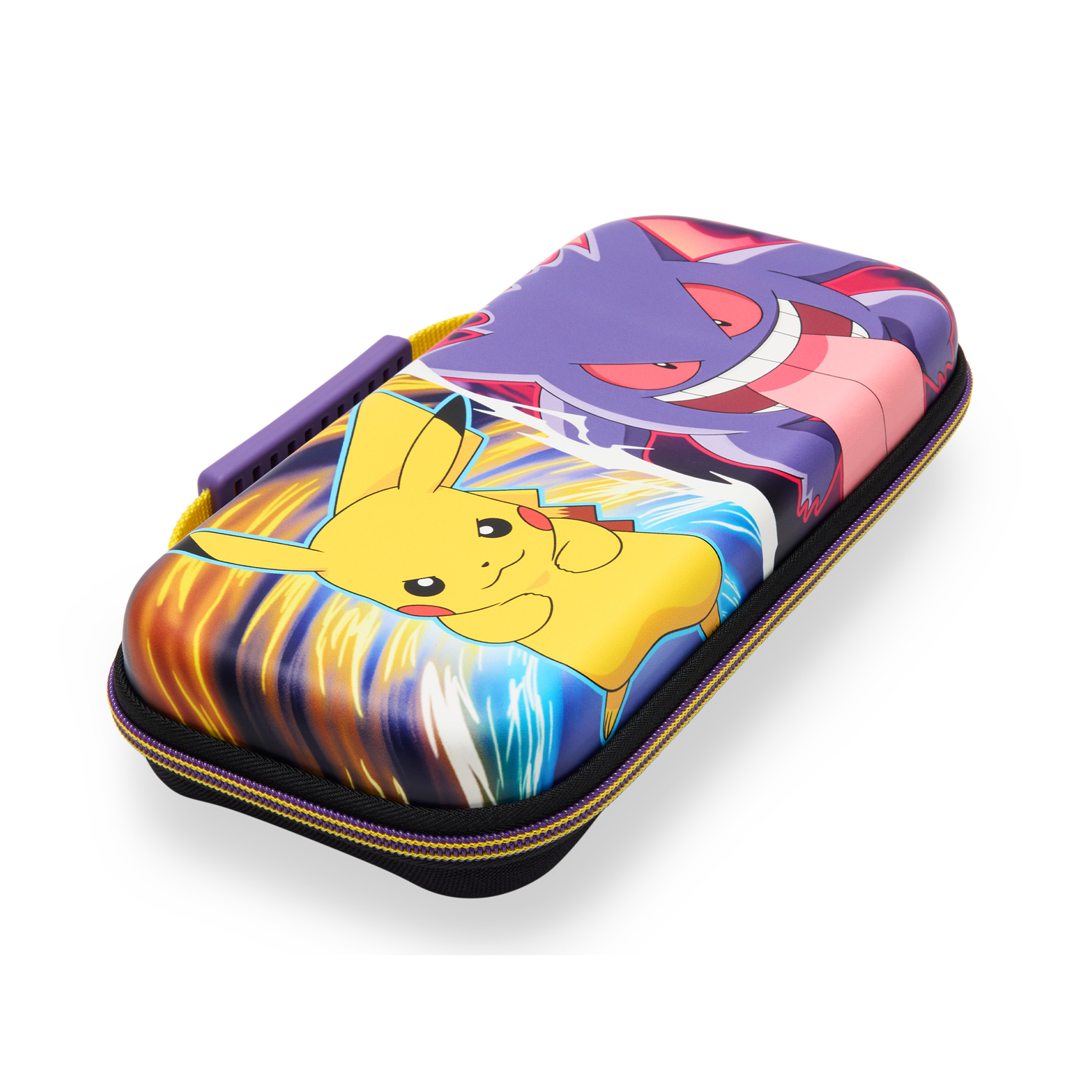 Pokemon Nintendo Switch-hoes. Pikachu- en Gengar-ontwerp. Zwart en paars. Gele handgreep en rits.