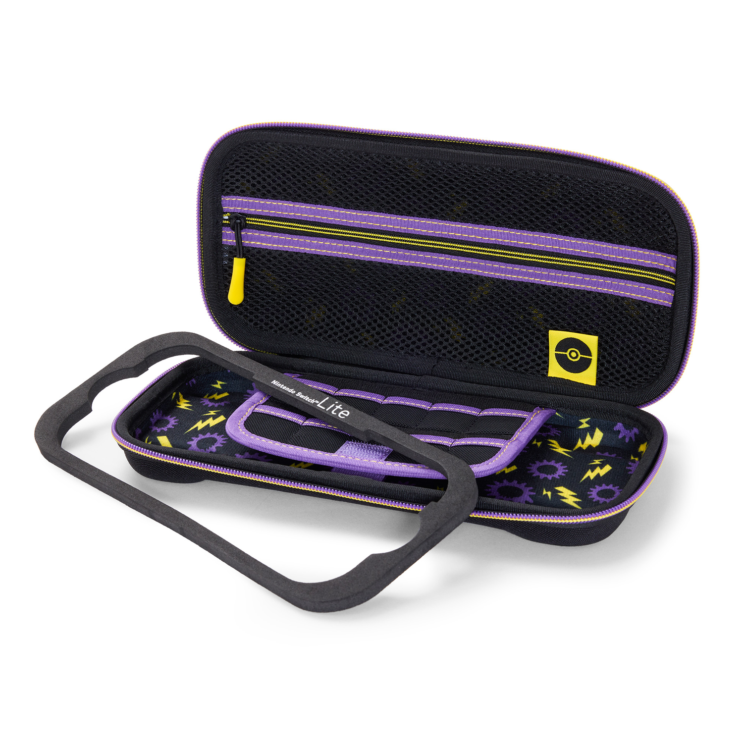 Open Pokemon Nintendo Switch Lite-hoes. Zwart interieur, paarse accenten, gele rits. Schuimrubberen inzetstuk verwijderd.