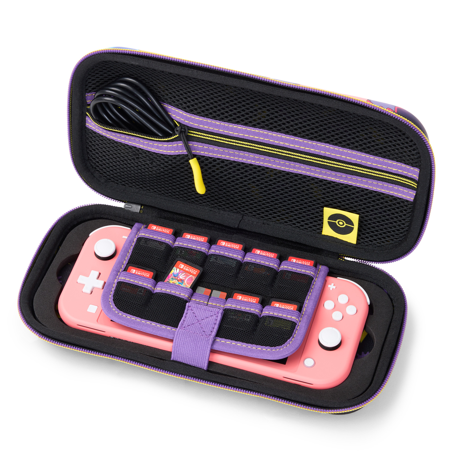 Open Pokemon Switch Lite-hoes met roze Switch Lite, witte controllers, gamecartridges en een zwarte kabel.