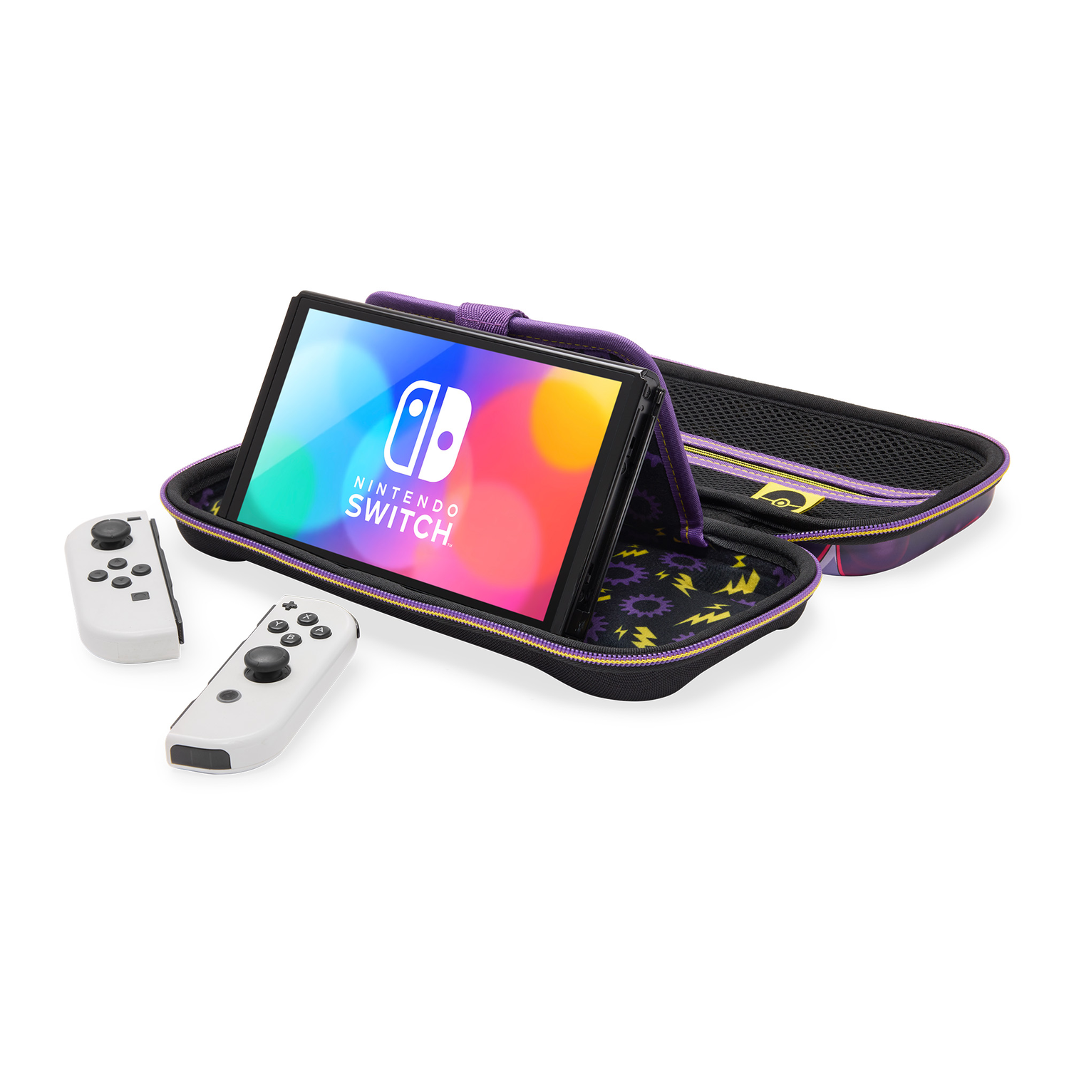 Open Pokemon Switch-hoes met een Nintendo Switch-tablet en witte controllers. Zwart en paars interieur.