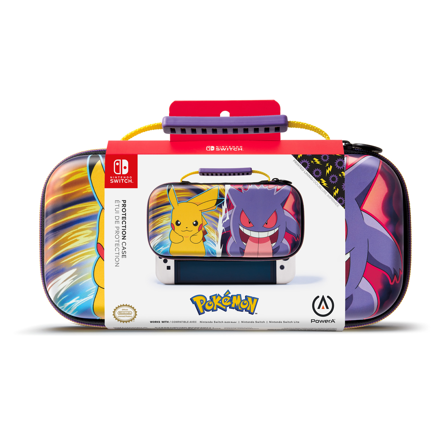 Pokemon Switch-hoes in verpakking. Pikachu en Gengar ontwerp. Witte Switch-console getoond. Rode doos.