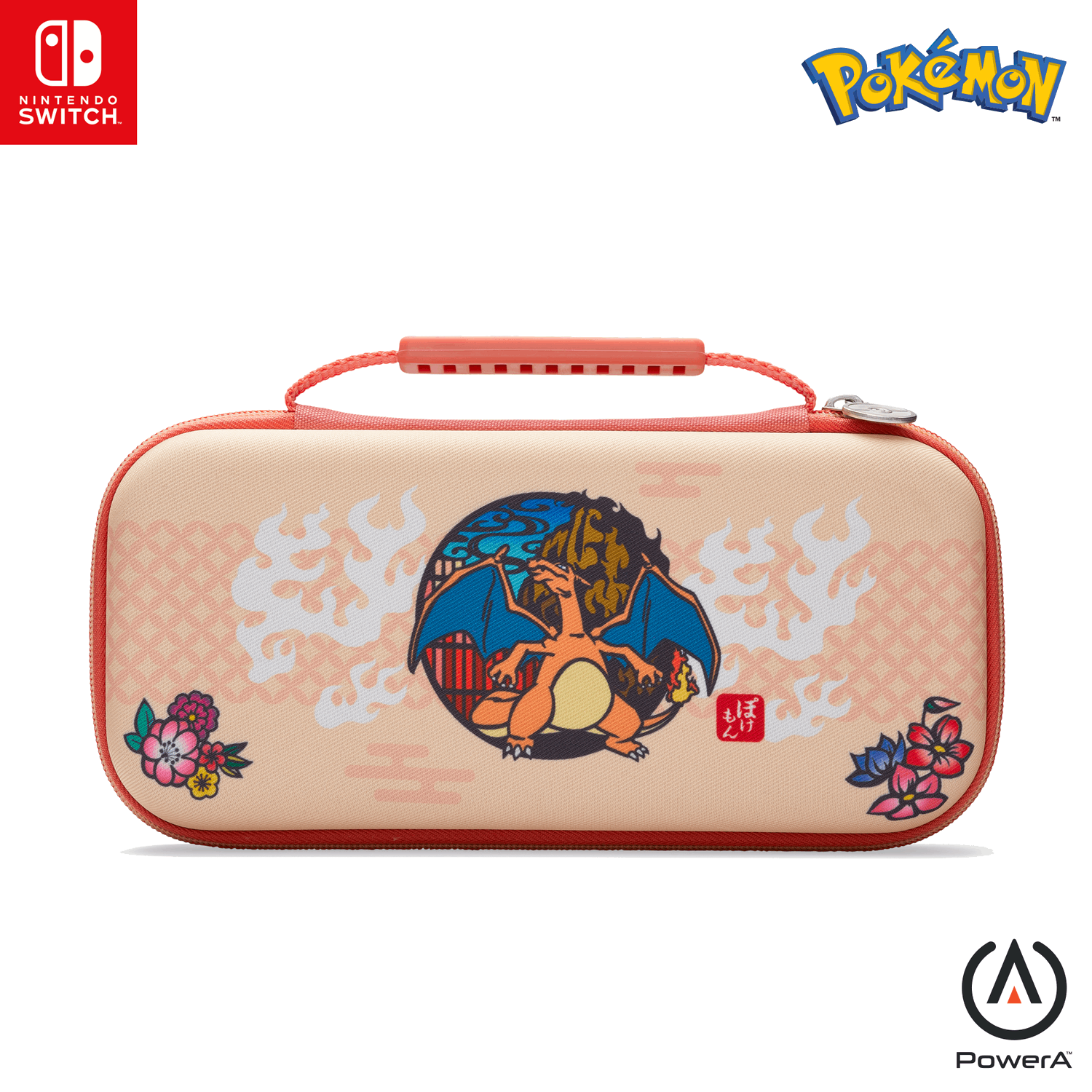 Switch Lite hoes, beige met Charizard ontwerp, Nintendo en Pokemon logo's.