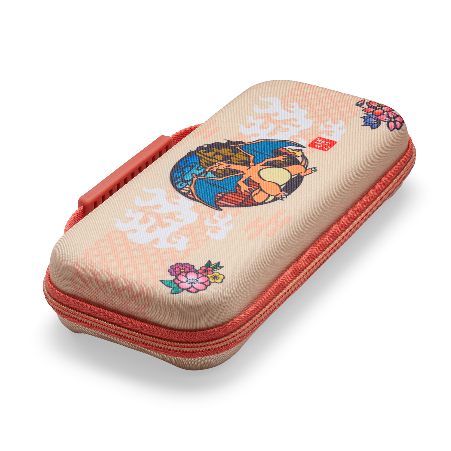 Beige Switch Lite hoes met Charizard ontwerp, rode rits en handvat.