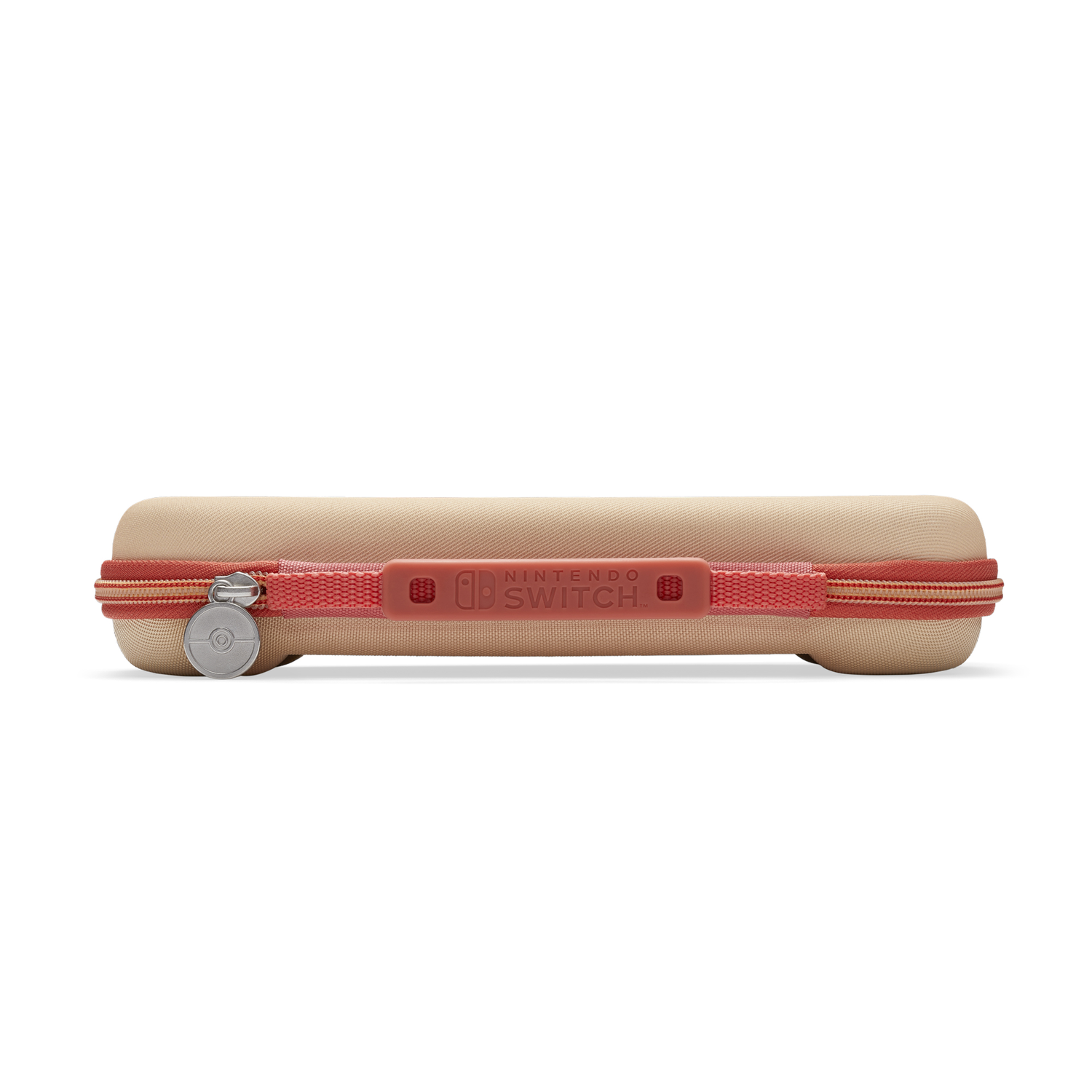 Switch Lite hoes, beige met rode rits en handvat, Nintendo Switch logo.
