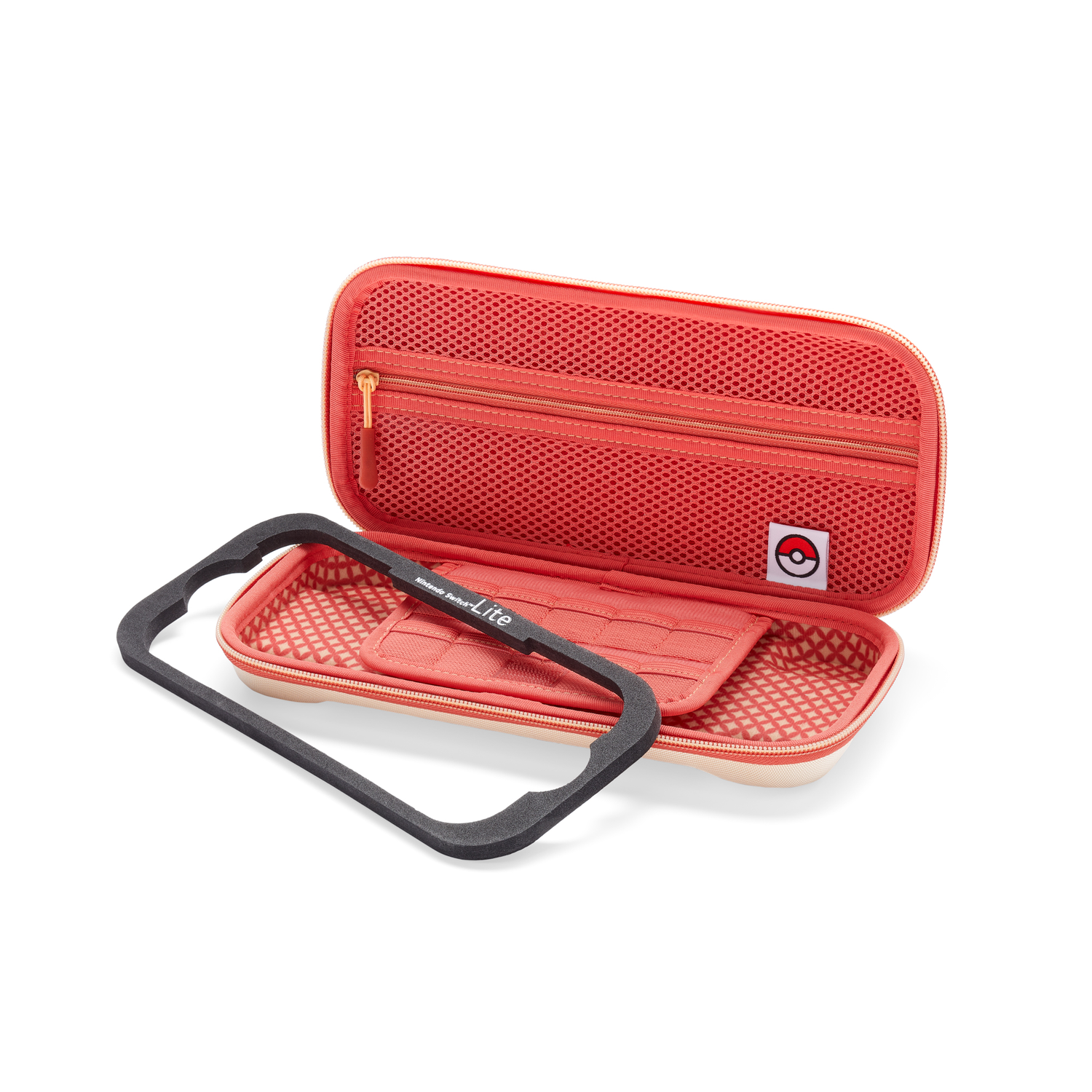 Switch Lite hoes open, binnenaanzicht, beige en roze, schuimrubberen inzet.