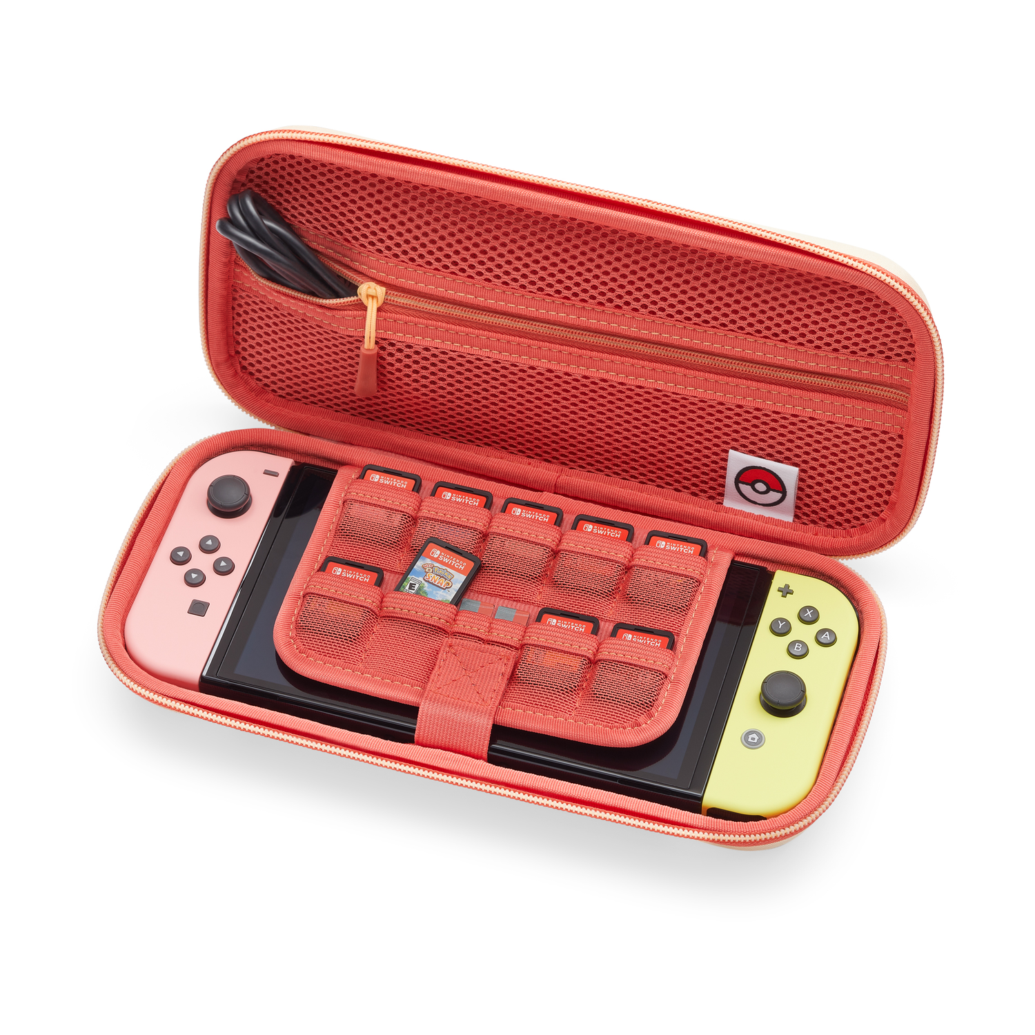 Switch hoes open, interieur met Switch, controllers, game cartridges en kabel.