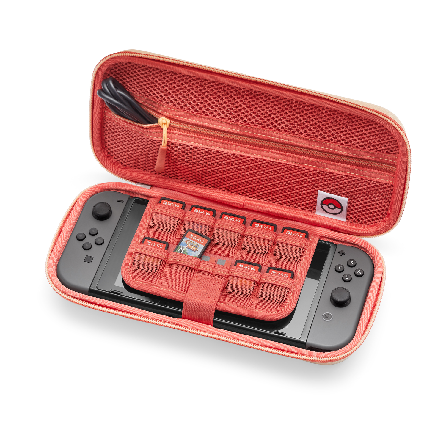 Switch hoes open, interieur met Switch, controllers, game cartridges en kabel.