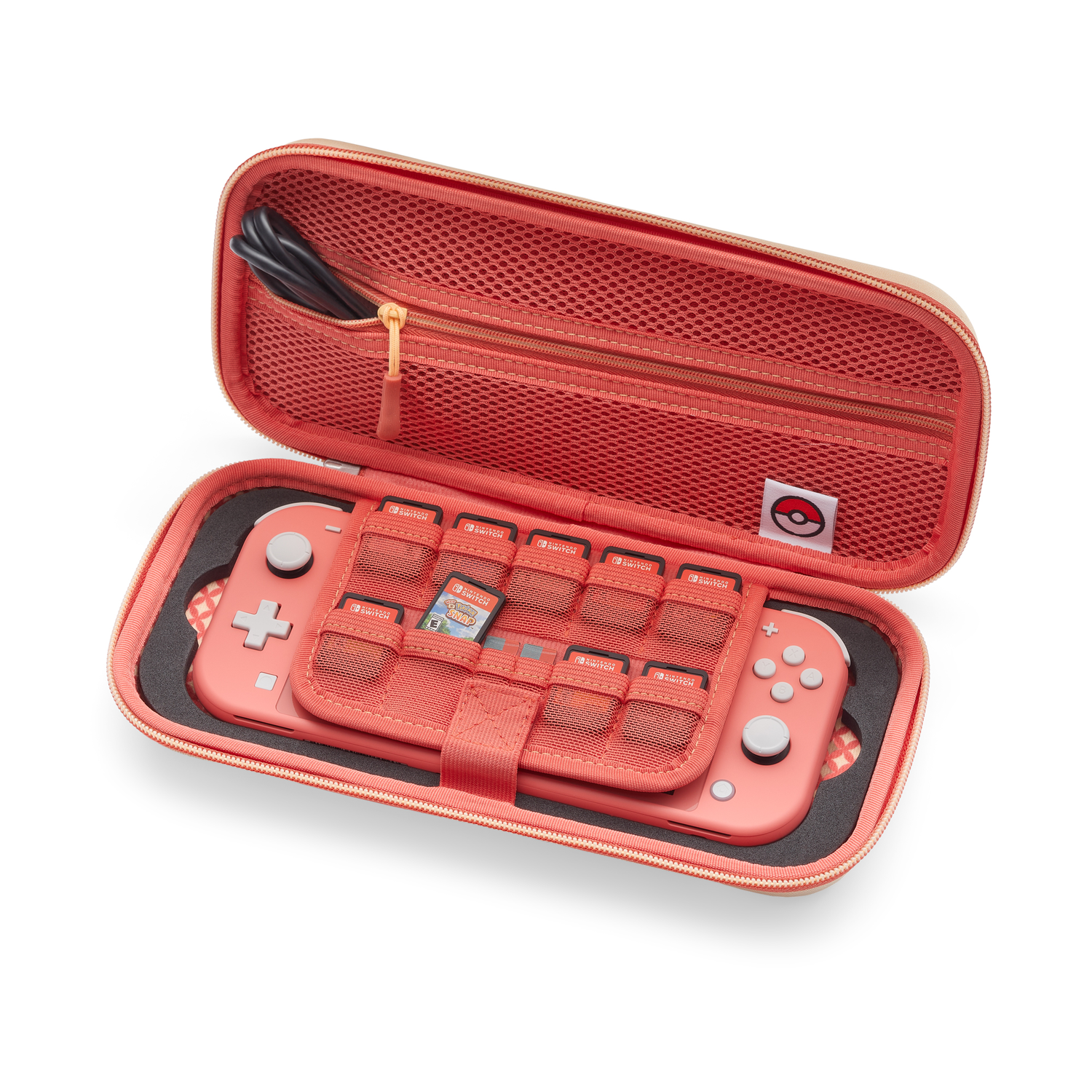 Switch Lite hoes open, interieur met Switch Lite, cartridges en kabel.