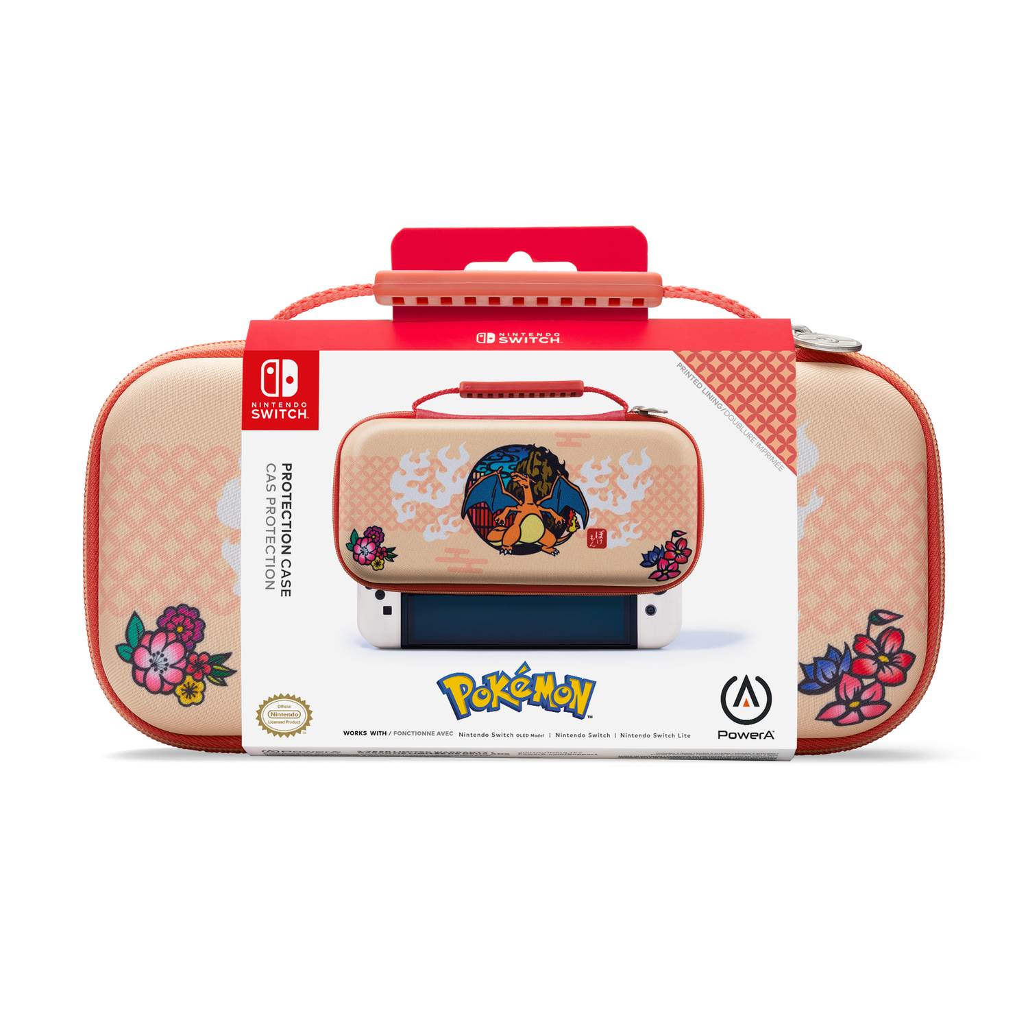 Switch case doos, beige met Charizard ontwerp en handvat, Nintendo en Pokemon logo's.