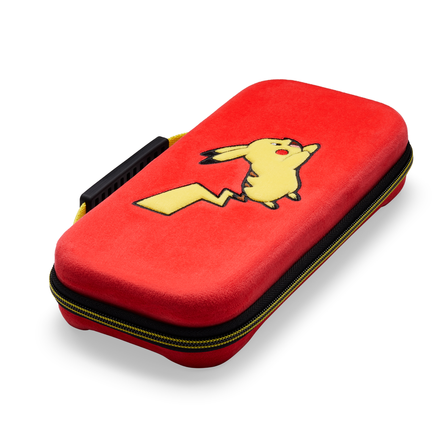Rode hoes met Pikachu-ontwerp voor Nintendo Switch. Zwarte rits en handvat. Witte achtergrond.