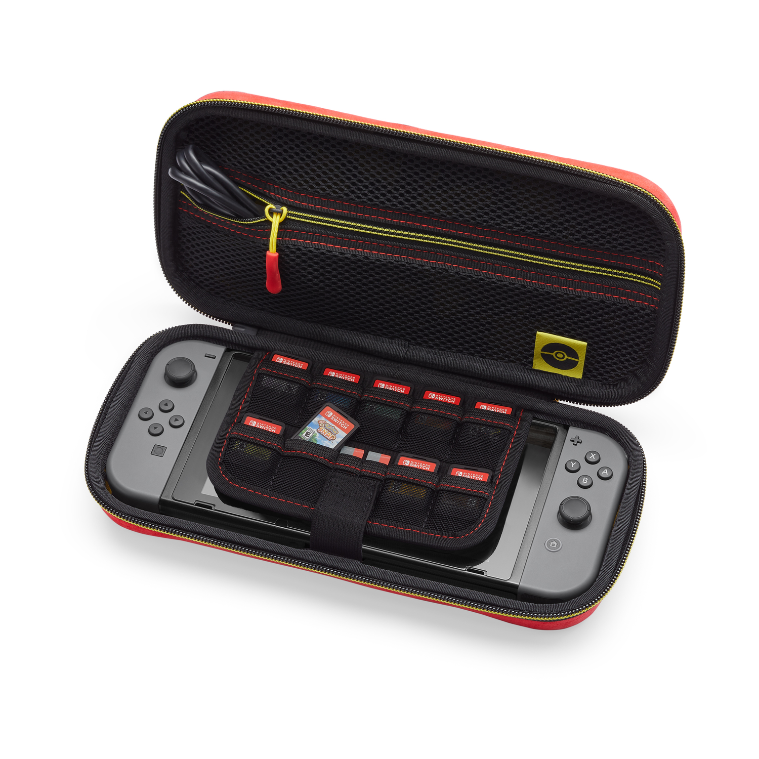 Rode Switch-hoes open, met een Switch en games erin. Zwart gaas bovenop. Witte achtergrond.