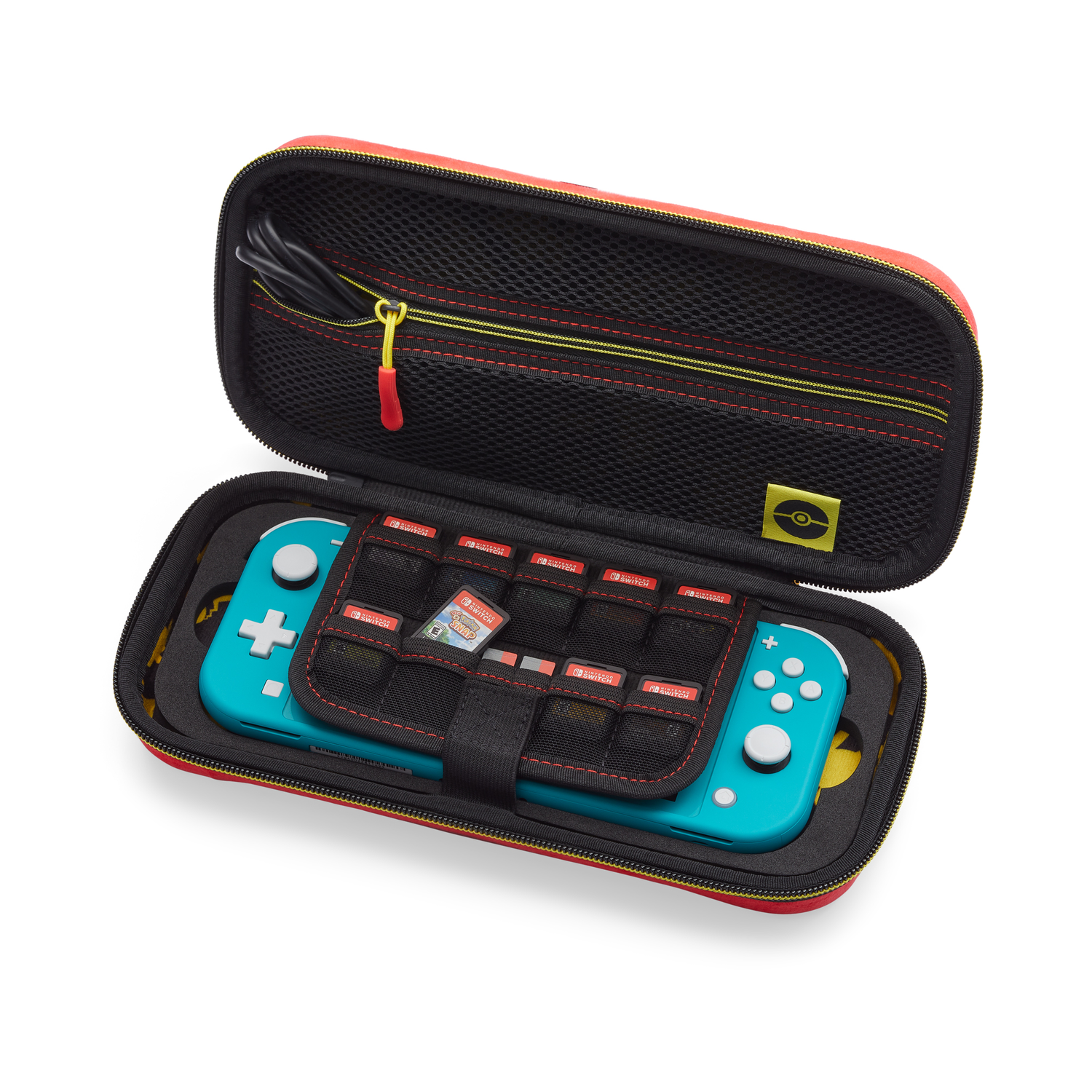 Rode hoes open met blauwe Switch Lite en games erin. Zwart gaas bovenop. Witte achtergrond.