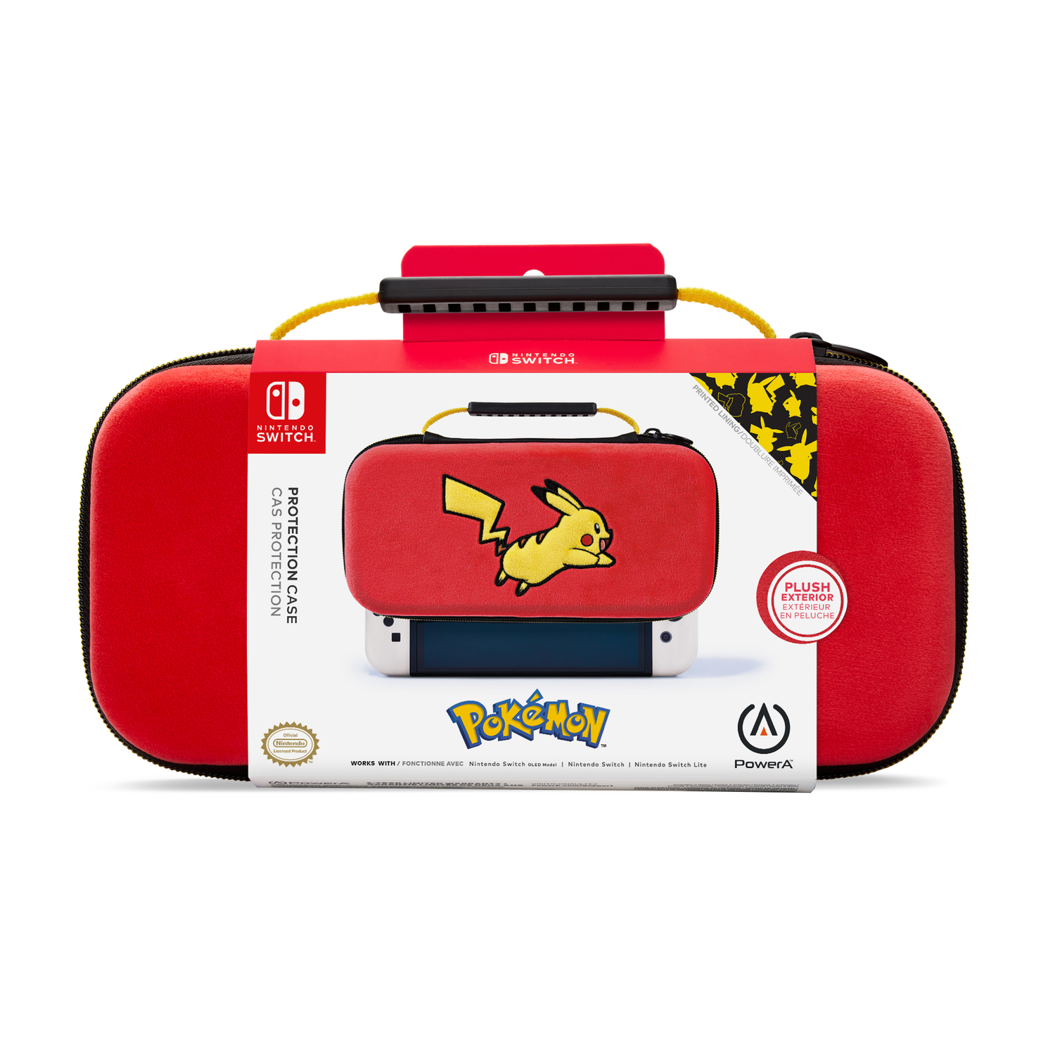 Rode Pokemon Nintendo Switch-hoes op witte achtergrond. Doos toont Switch en Pikachu-ontwerp.