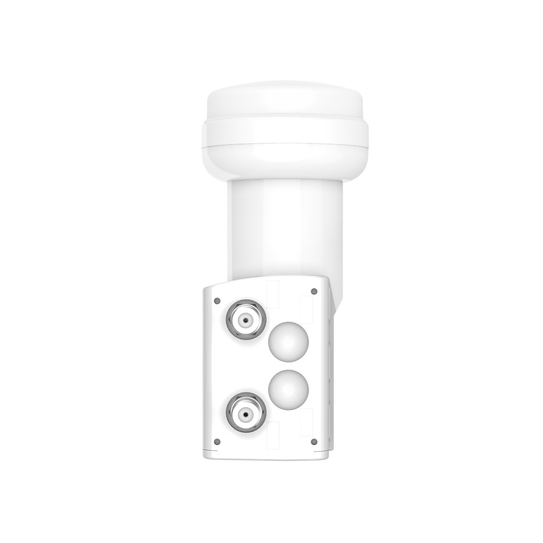 Ein weißer Satelliten-LNB mit zwei Anschlüssen auf weißem Hintergrund.