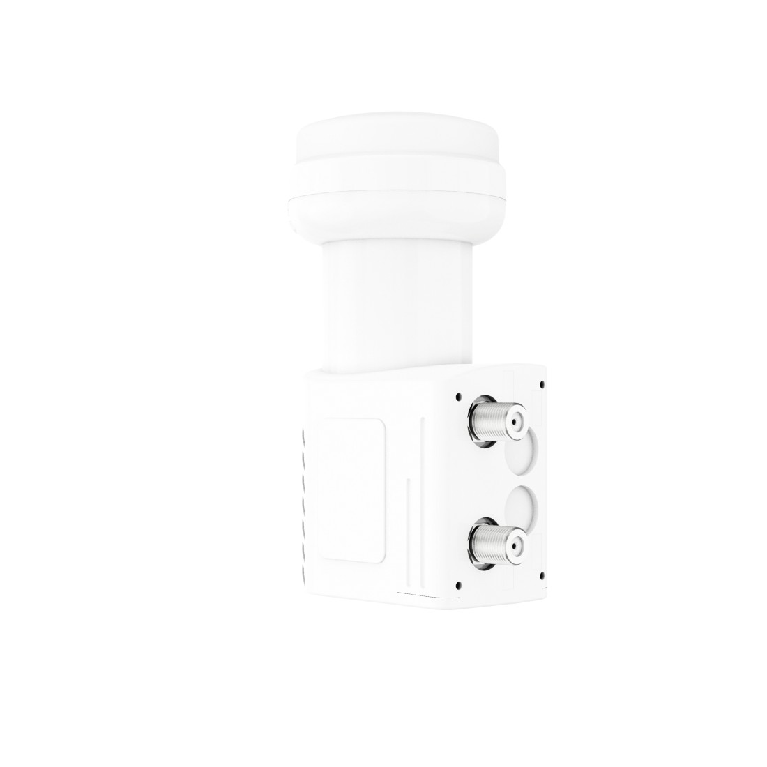 Ein weißer Satelliten-LNB mit zwei Anschlüssen, vor weißem Hintergrund.
