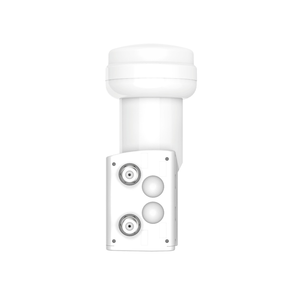 Weißes Satelliten-LNB mit Anschlüssen, zylindrischem Oberteil und rechteckiger Basis, isoliert auf Weiß.