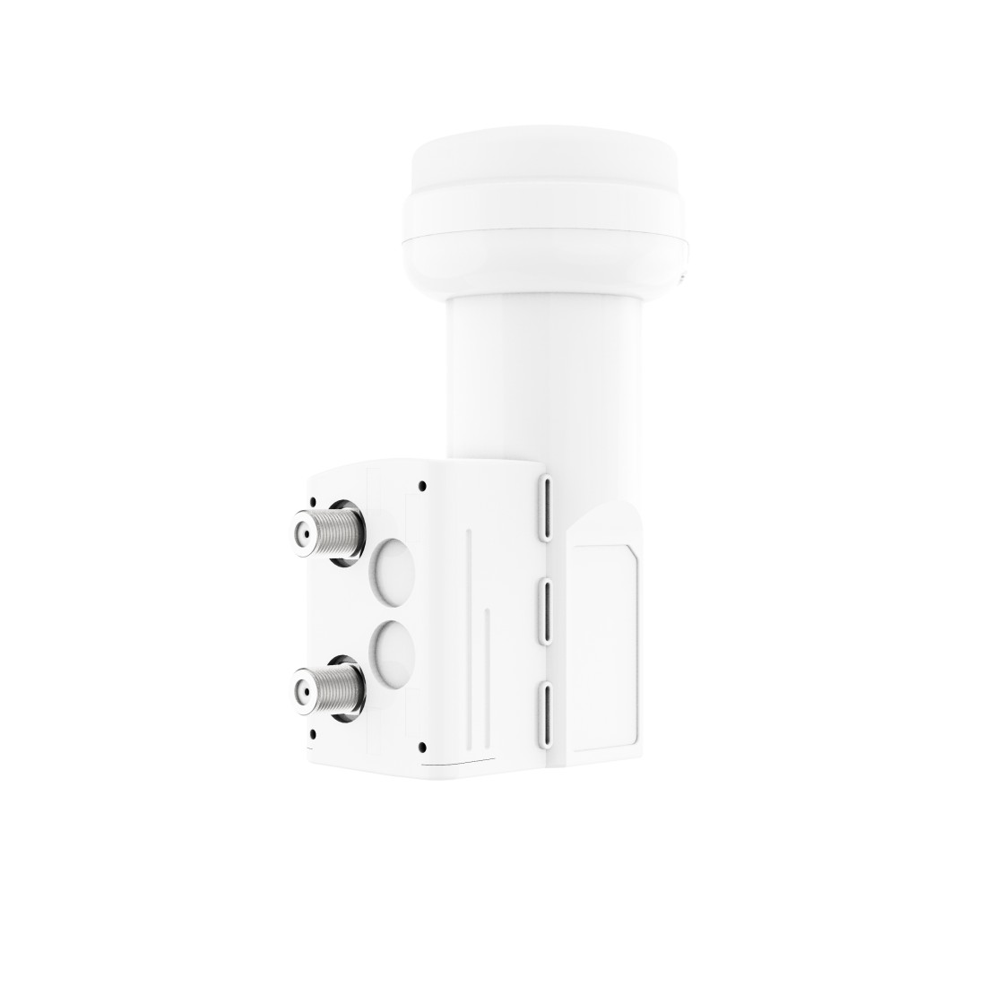 Weißes Satelliten-LNB mit Anschlüssen, zylindrischem Oberteil und rechteckiger Basis, auf weißem Hintergrund.