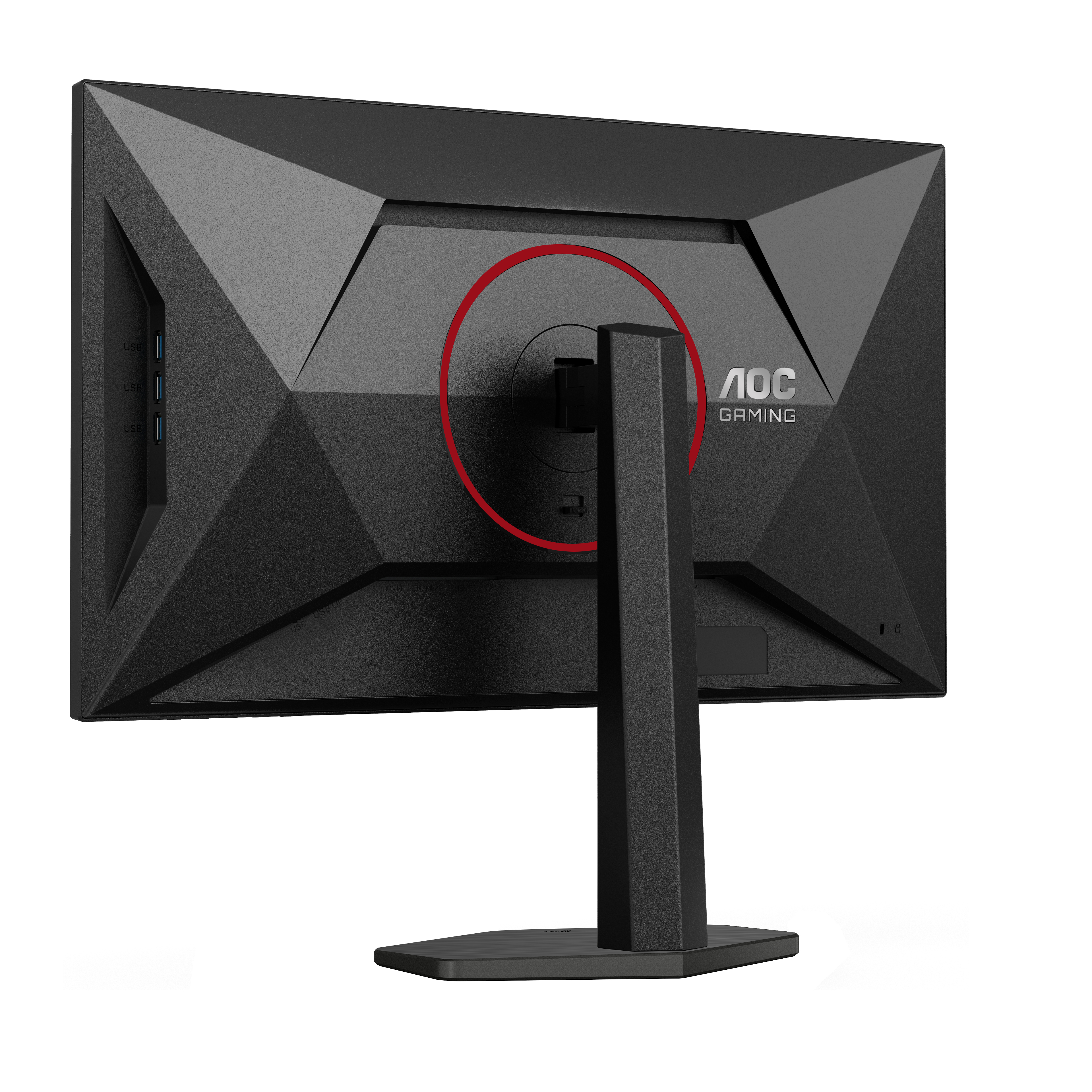 Rückansicht eines schwarzen Monitors mit rotem Ring und silbernen Anschlüssen.