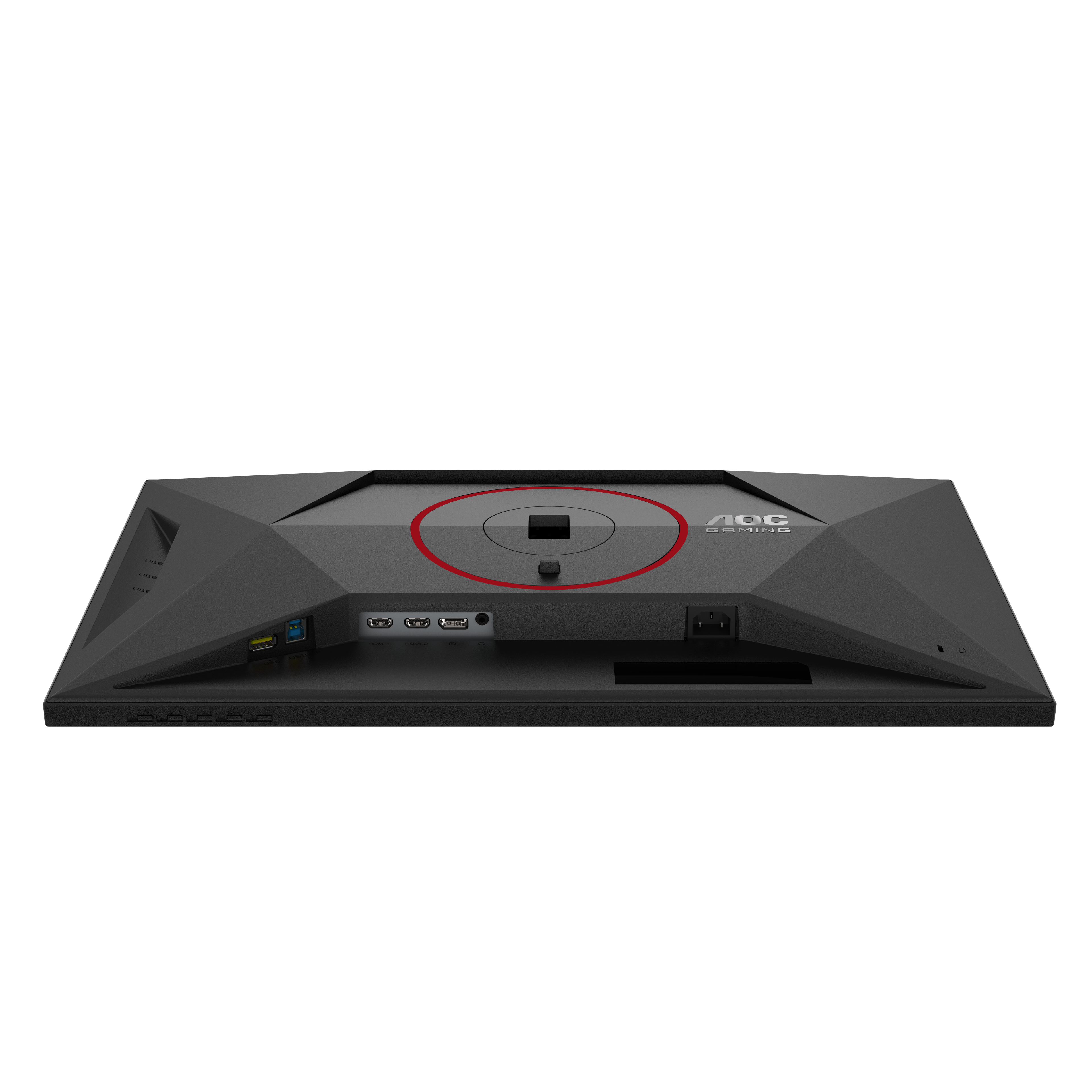 Rückansicht eines schwarzen Monitors mit Anschlüssen und dem AOC Gaming-Logo.