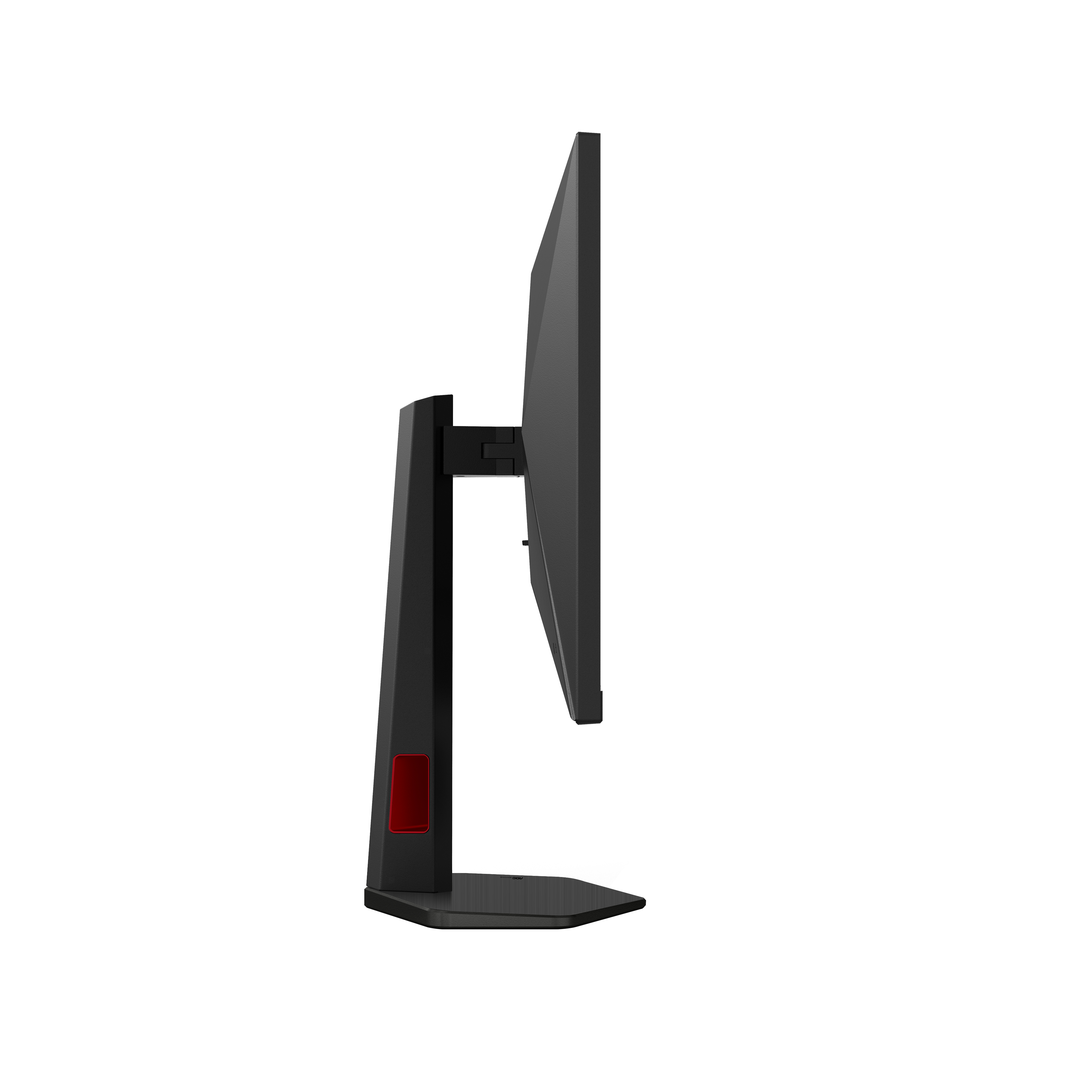 Seitenansicht eines schwarzen Gaming-Monitors mit rotem Akzent auf weißem Hintergrund.