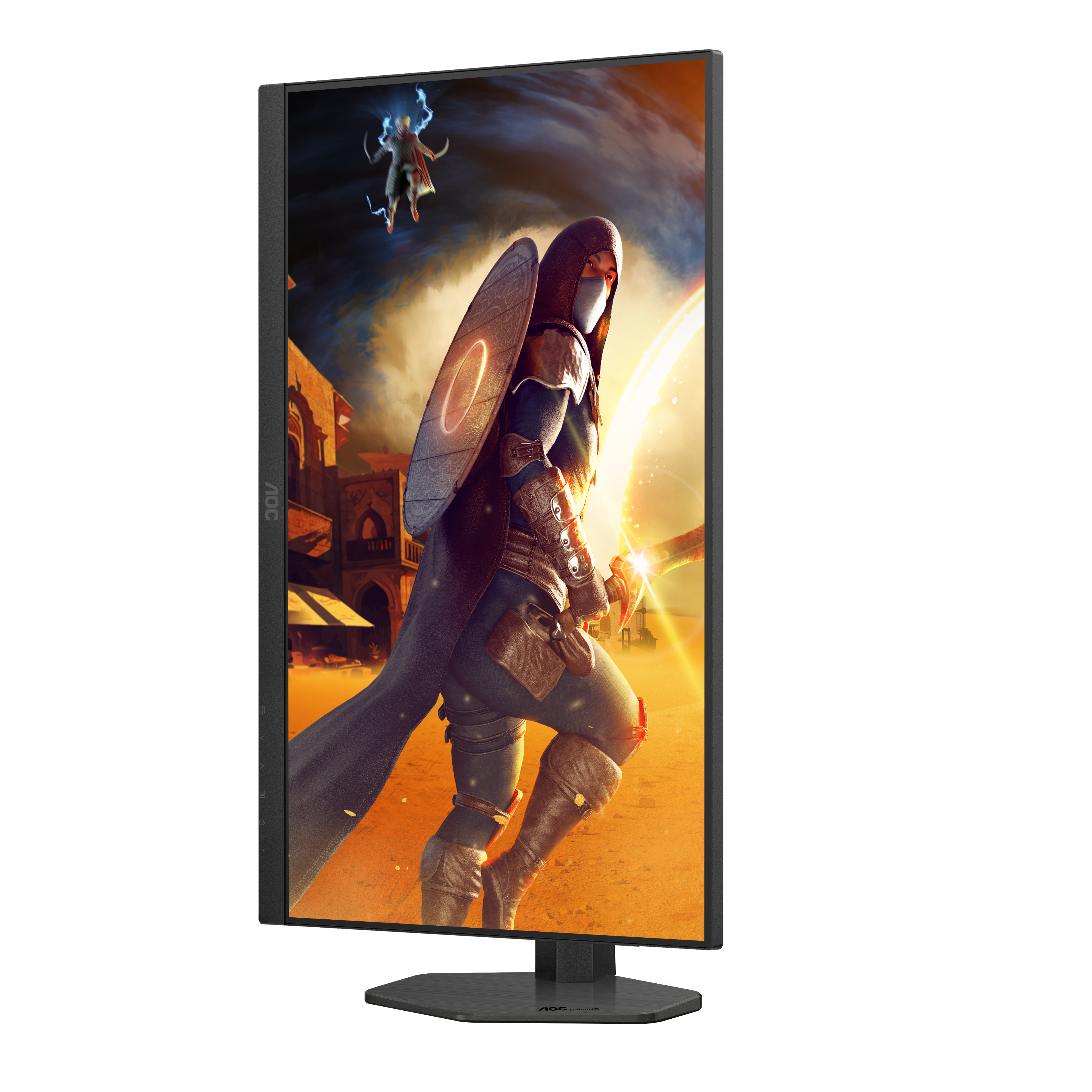 Seitenansicht eines Gaming-Monitors, der einen Krieger in einer Fantasieszene zeigt.