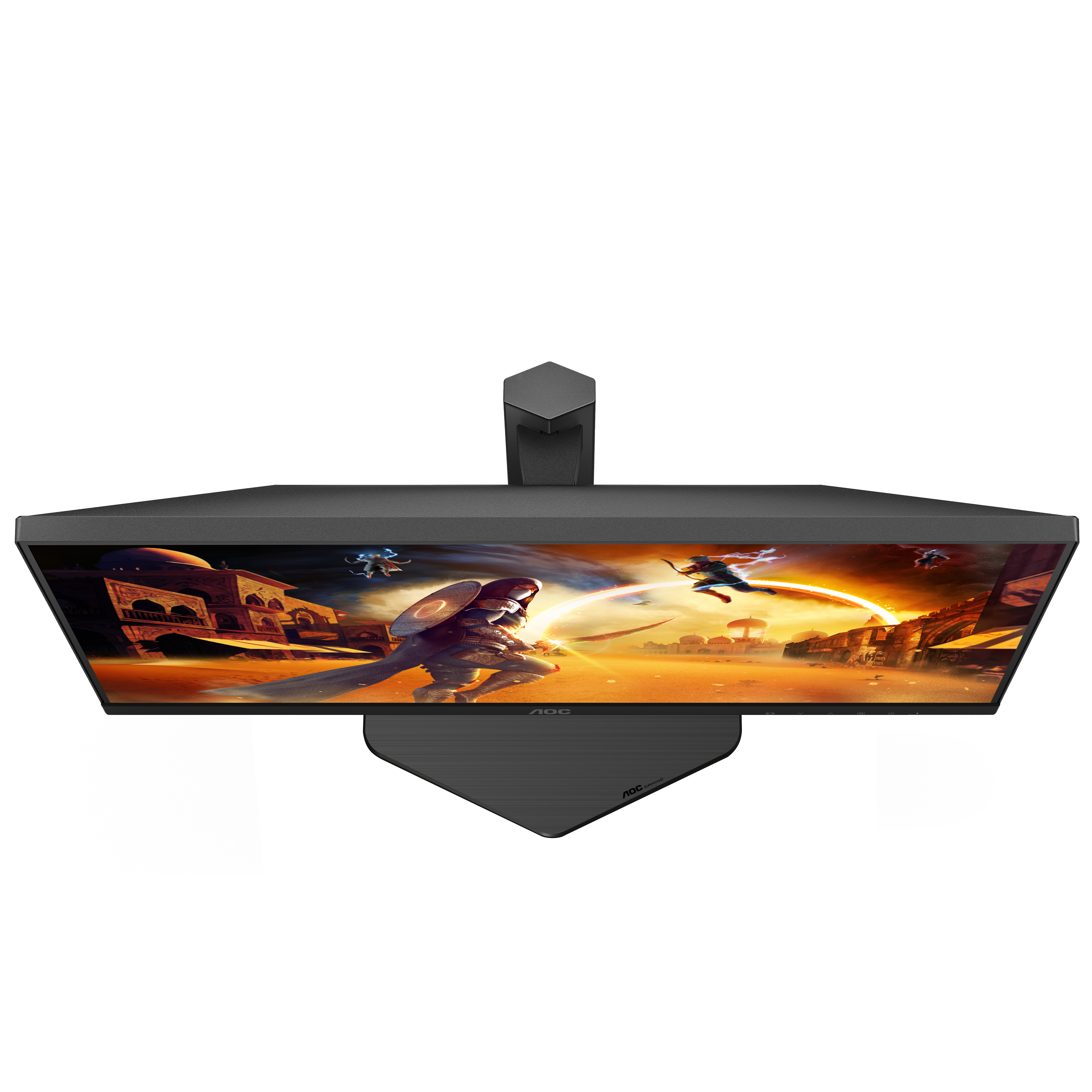 Draufsicht auf einen Gaming-Monitor, der eine Fantasieszene mit einem Krieger anzeigt.