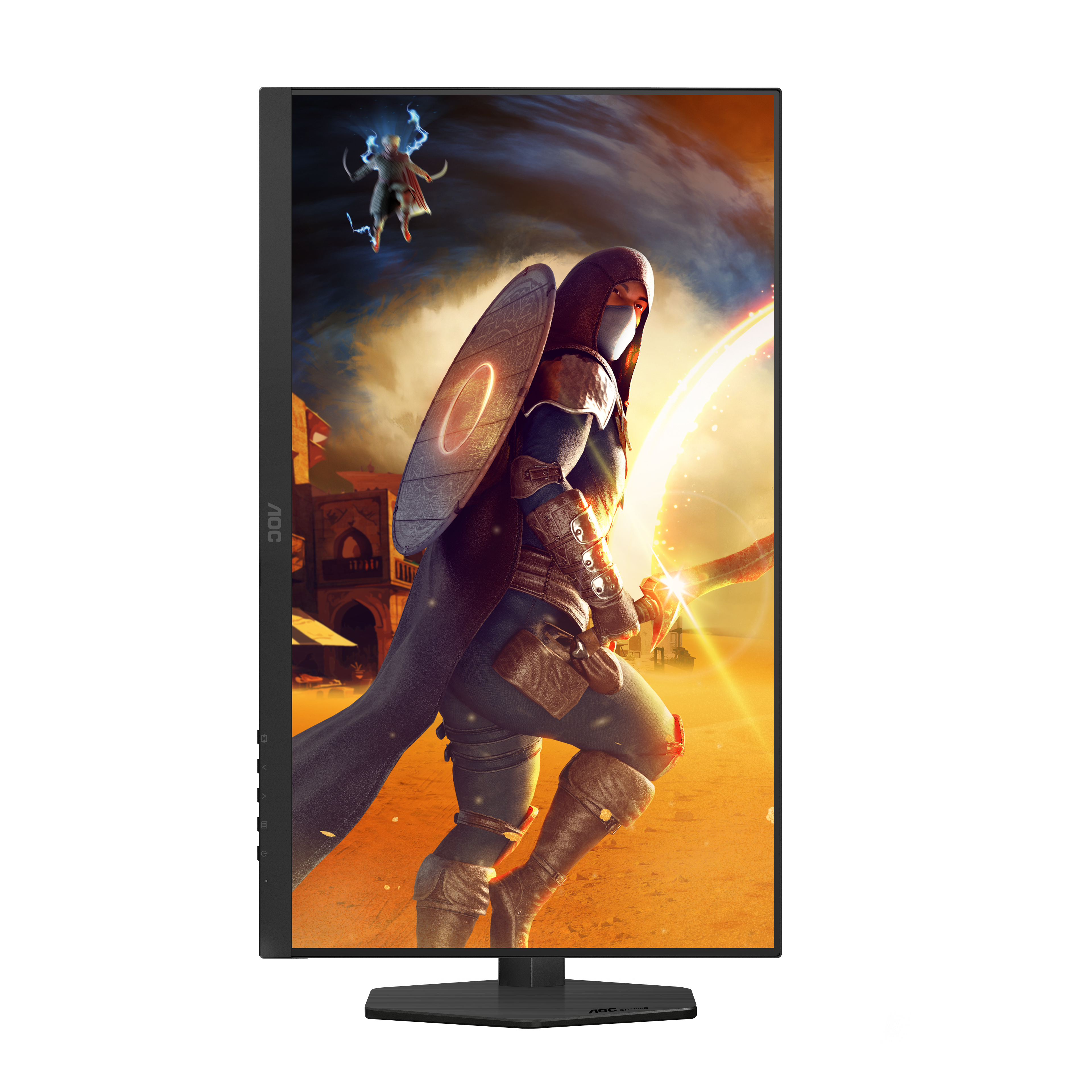 Gaming-Monitor, der eine Fantasieszene mit einem Krieger in Seitenansicht anzeigt.