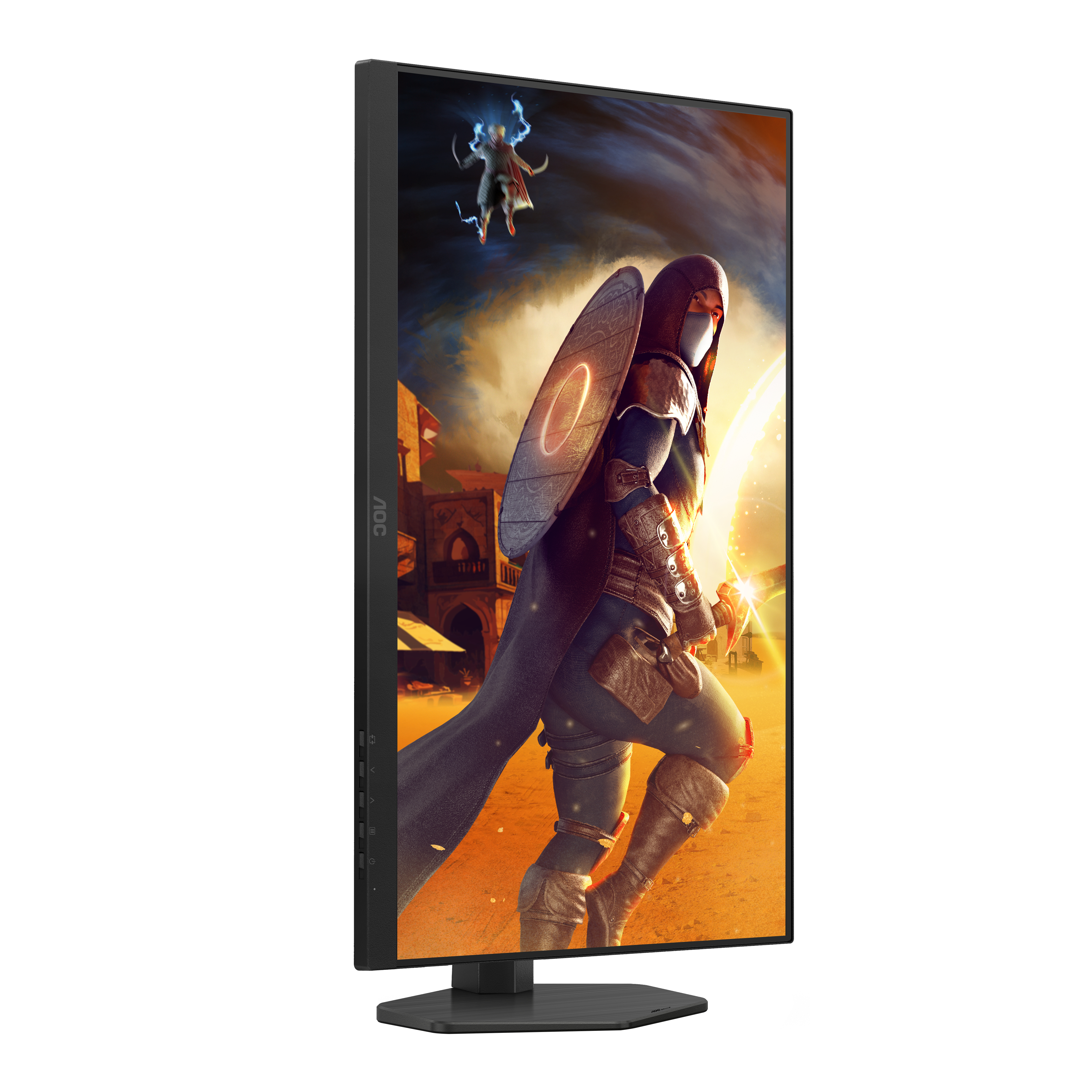 Seitenansicht eines Gaming-Monitors, der einen Krieger in einer Fantasy-Umgebung zeigt.