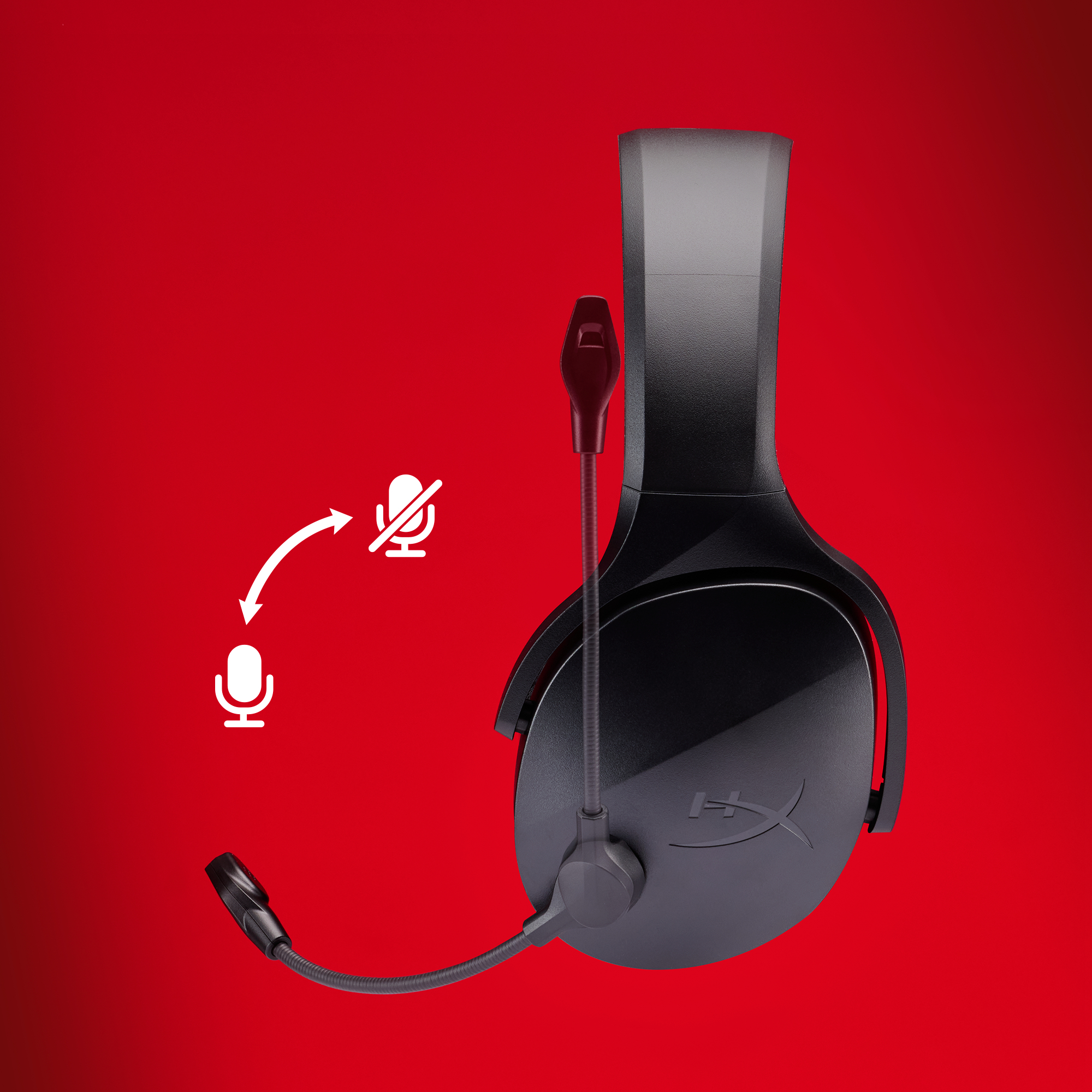 Ein schwarzes Headset mit Mikrofon, Pfeile zeigen die Ein- und Aus-Positionen, vor rotem Hintergrund.