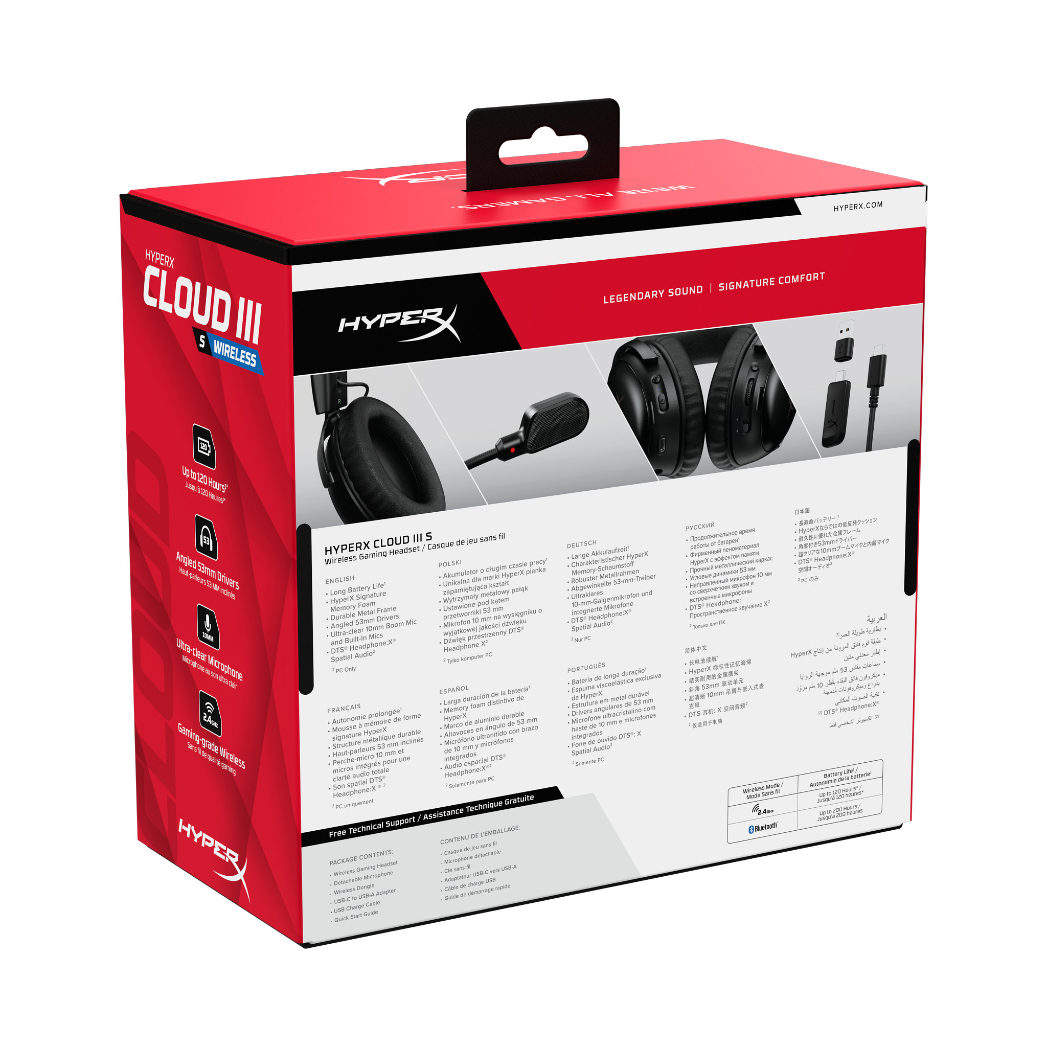Headset-Box mit Funktionen wie kabellos, unvergleichlichem Komfort und bis zu 120 Stunden Akkulaufzeit.