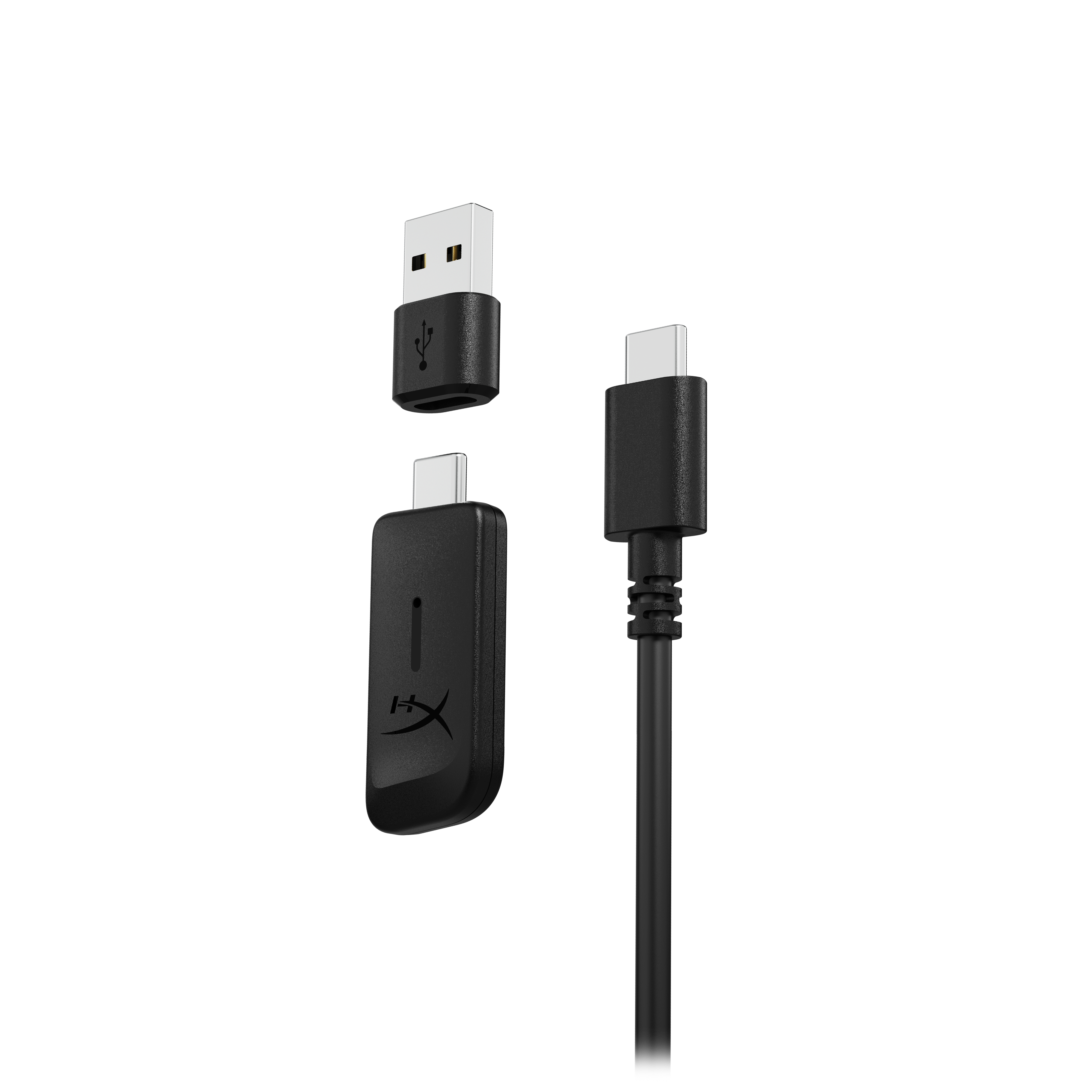 USB-Dongle und Ladekabel. Es ist schwarz und hat das HyperX-Logo.