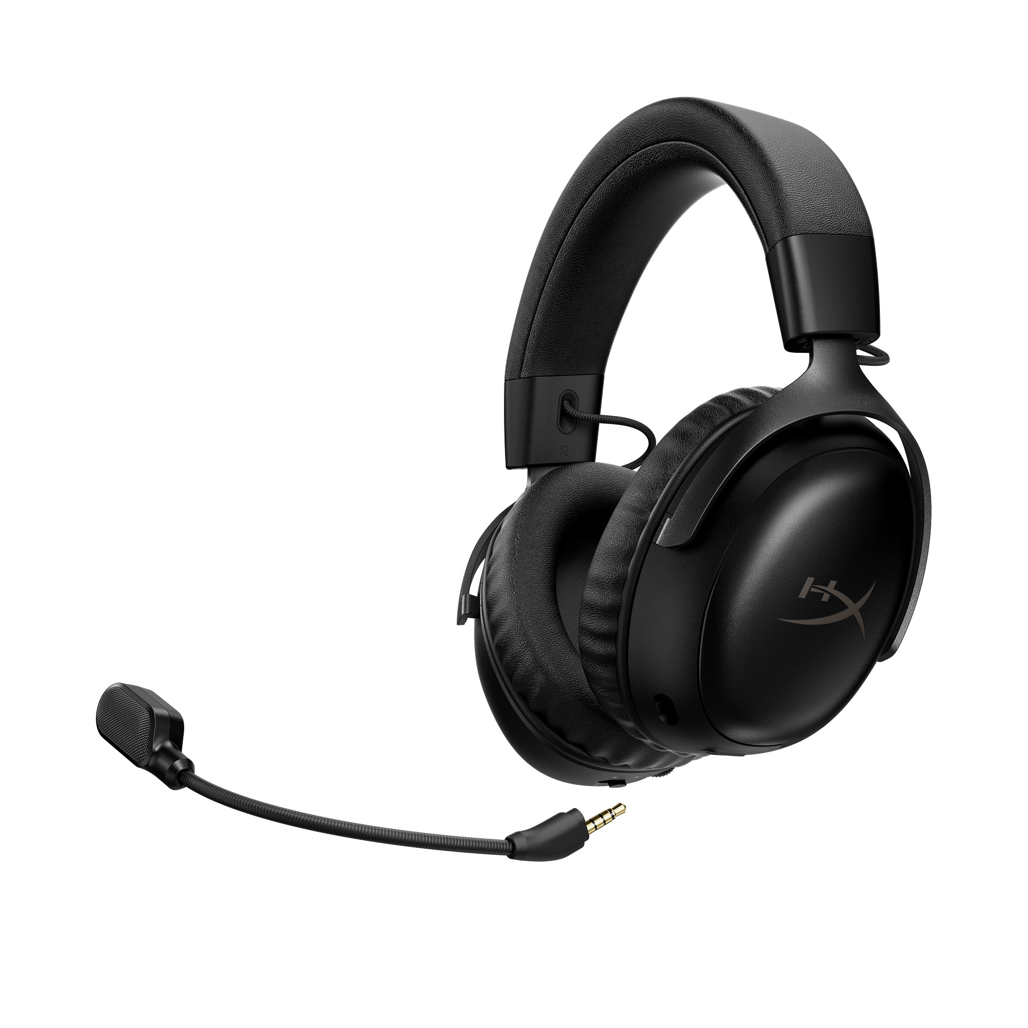 Schwarzes Headset mit Mikrofon. Es hat eine 3,5-mm-Klinke.