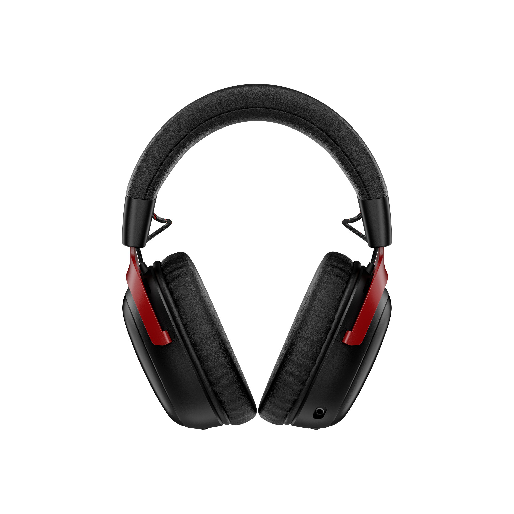 Schwarzes HyperX Cloud III Wireless-Headset mit roten Akzenten, von vorne sichtbar, Ohrmuscheln.
