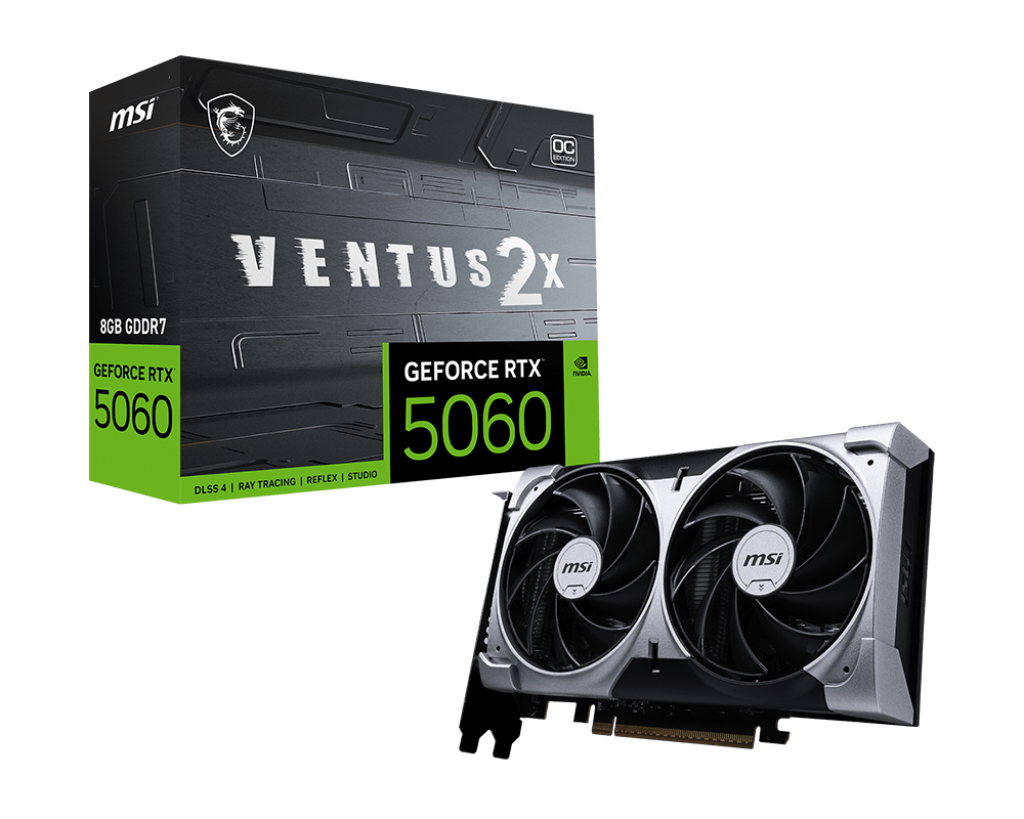 MSI Ventus 2X GeForce RTX 5060 grafik kartı kutusu ve kartı. Siyah ve gümüş. OC Sürümü.