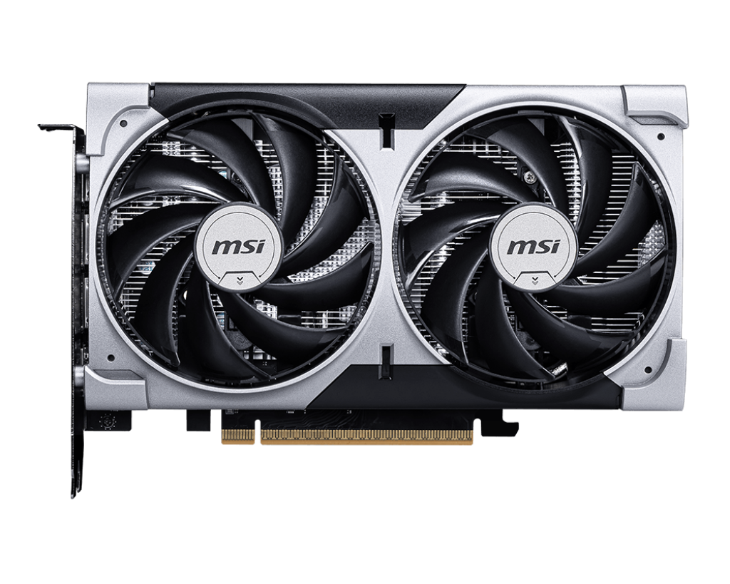 İki fanlı gümüş ve siyah MSI grafik kartı. Arka plan siyahtır.