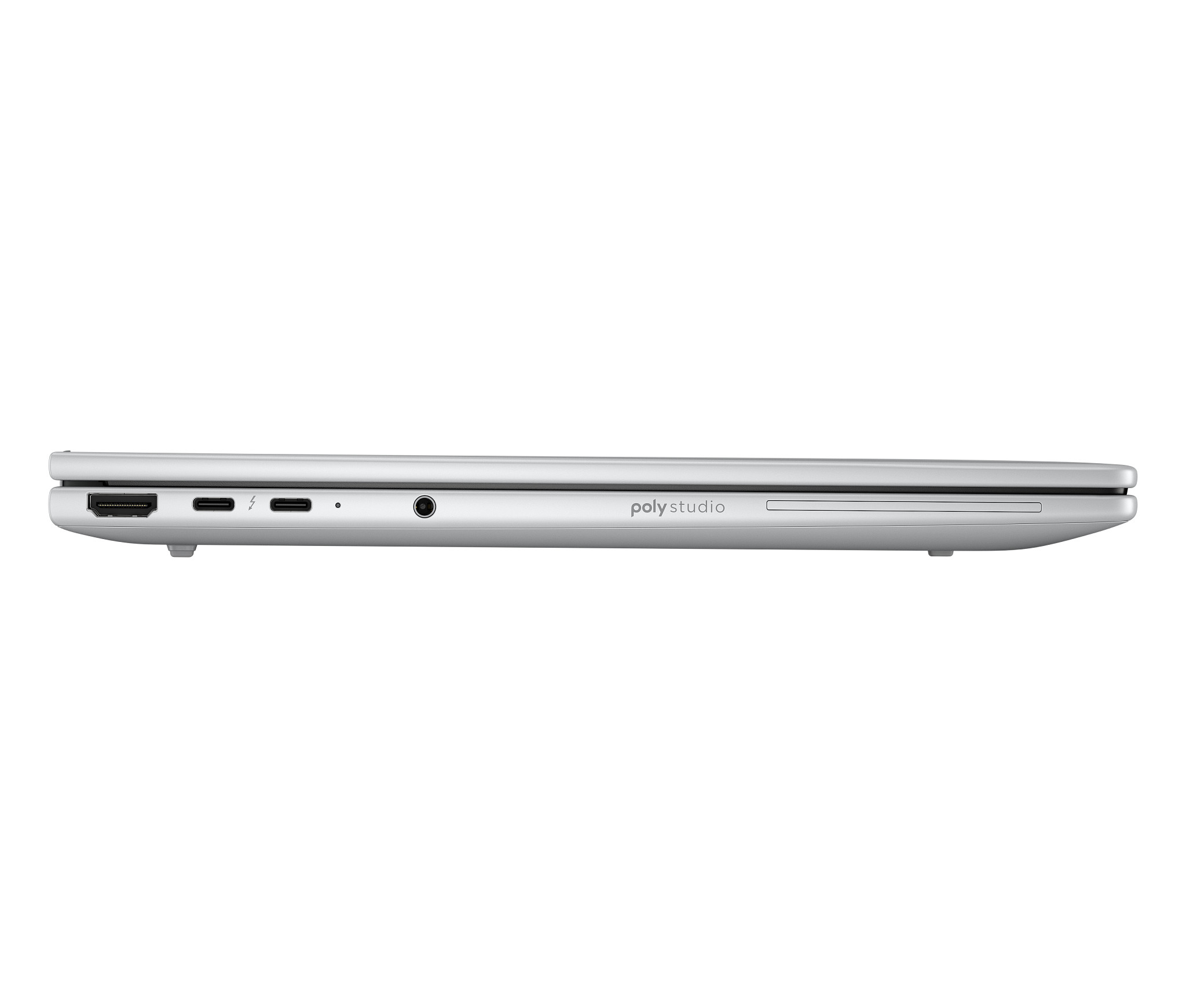 Seitenansicht des silbernen Laptops, Anschlüsse sichtbar.