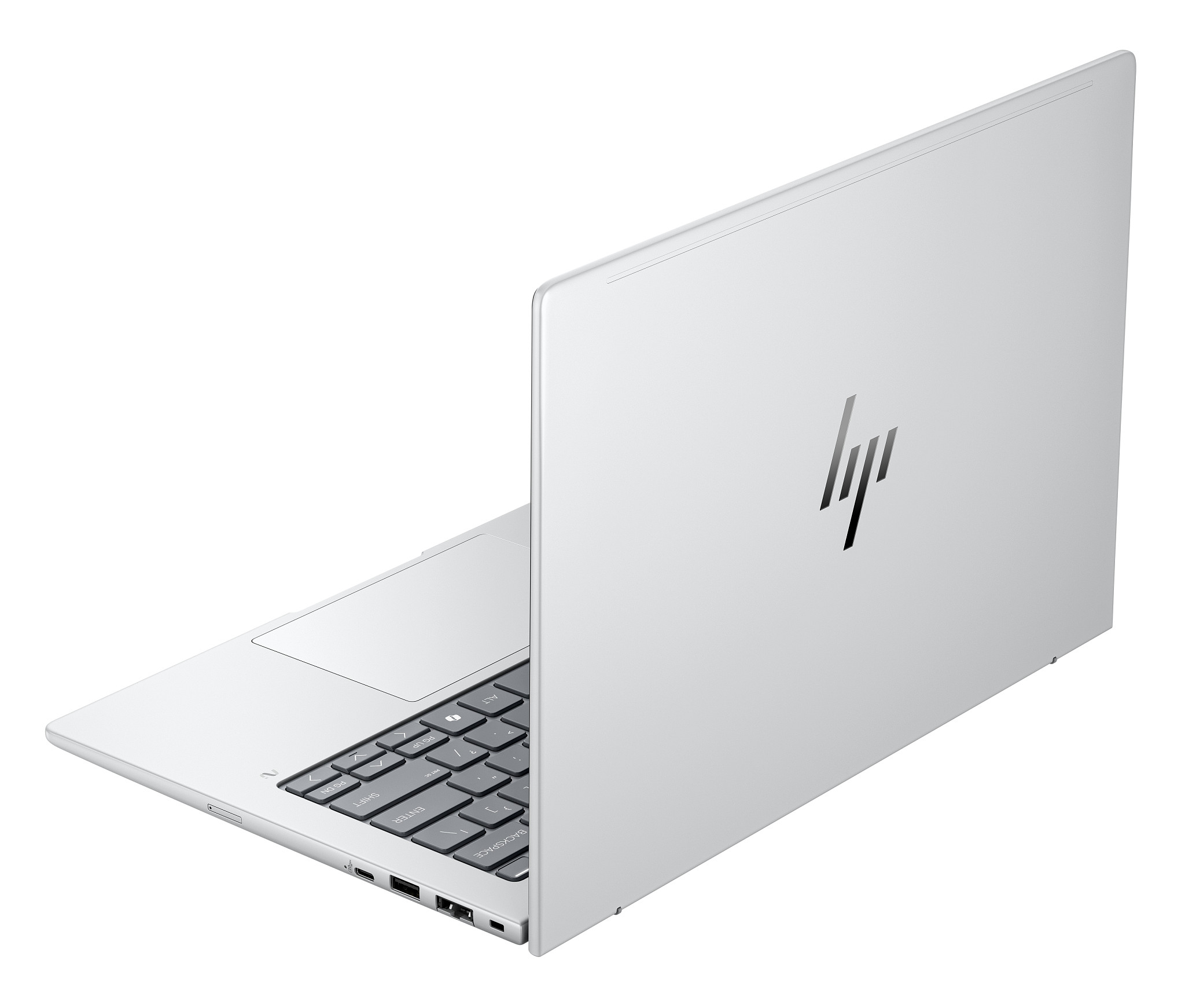 Silberner Laptop mit geöffnetem Deckel, Tastatur und Bildschirm sichtbar.