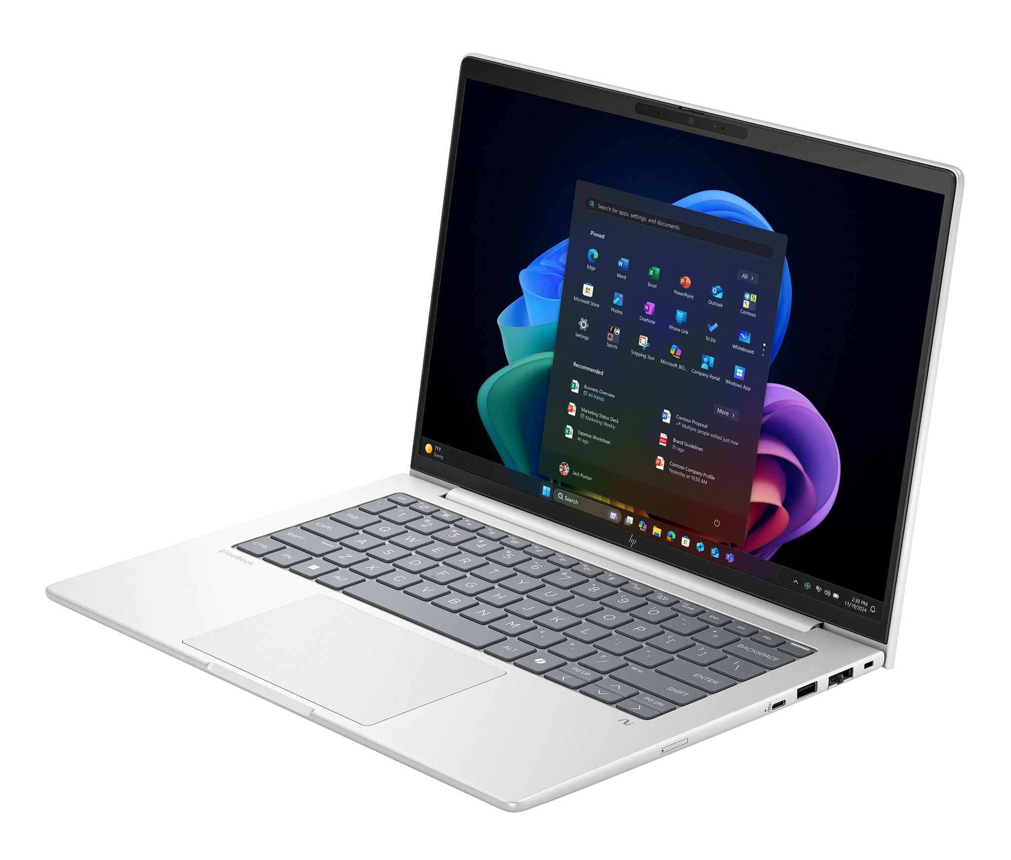 Silberner Laptop auf Weiß mit Windows-Oberfläche.