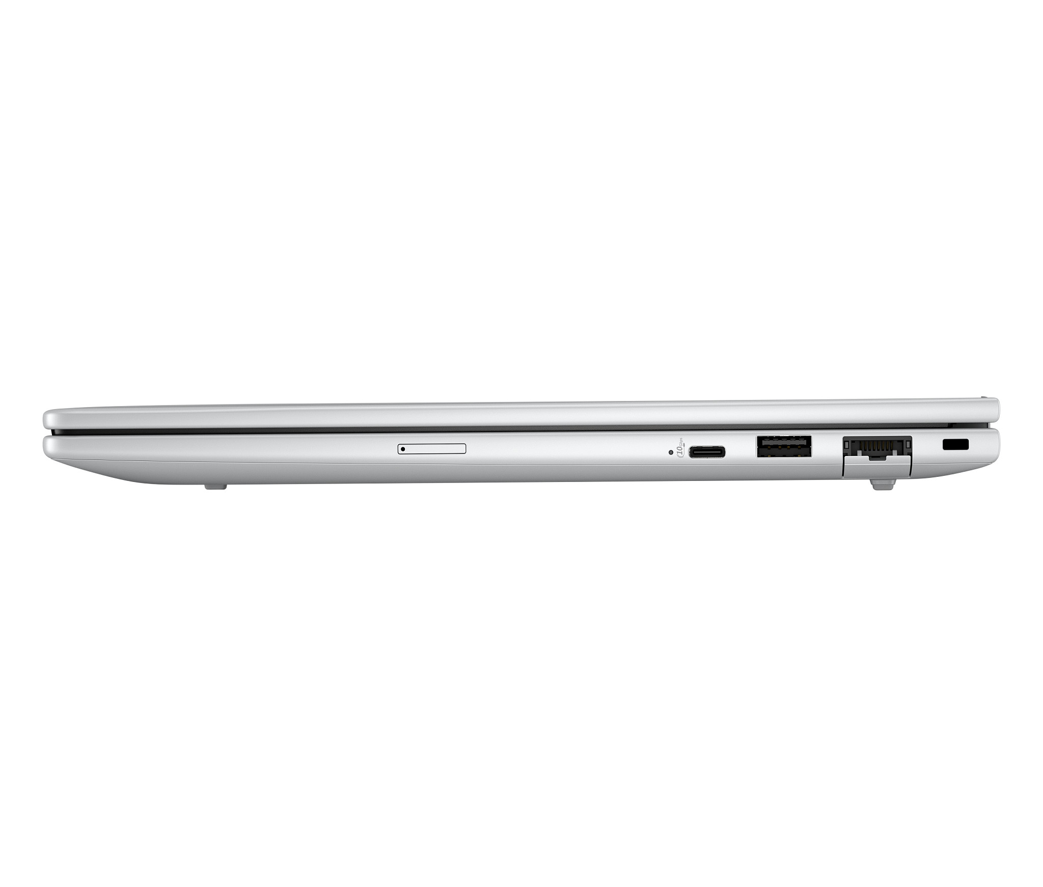 Seitenansicht des Laptops, Anschlüsse sichtbar.