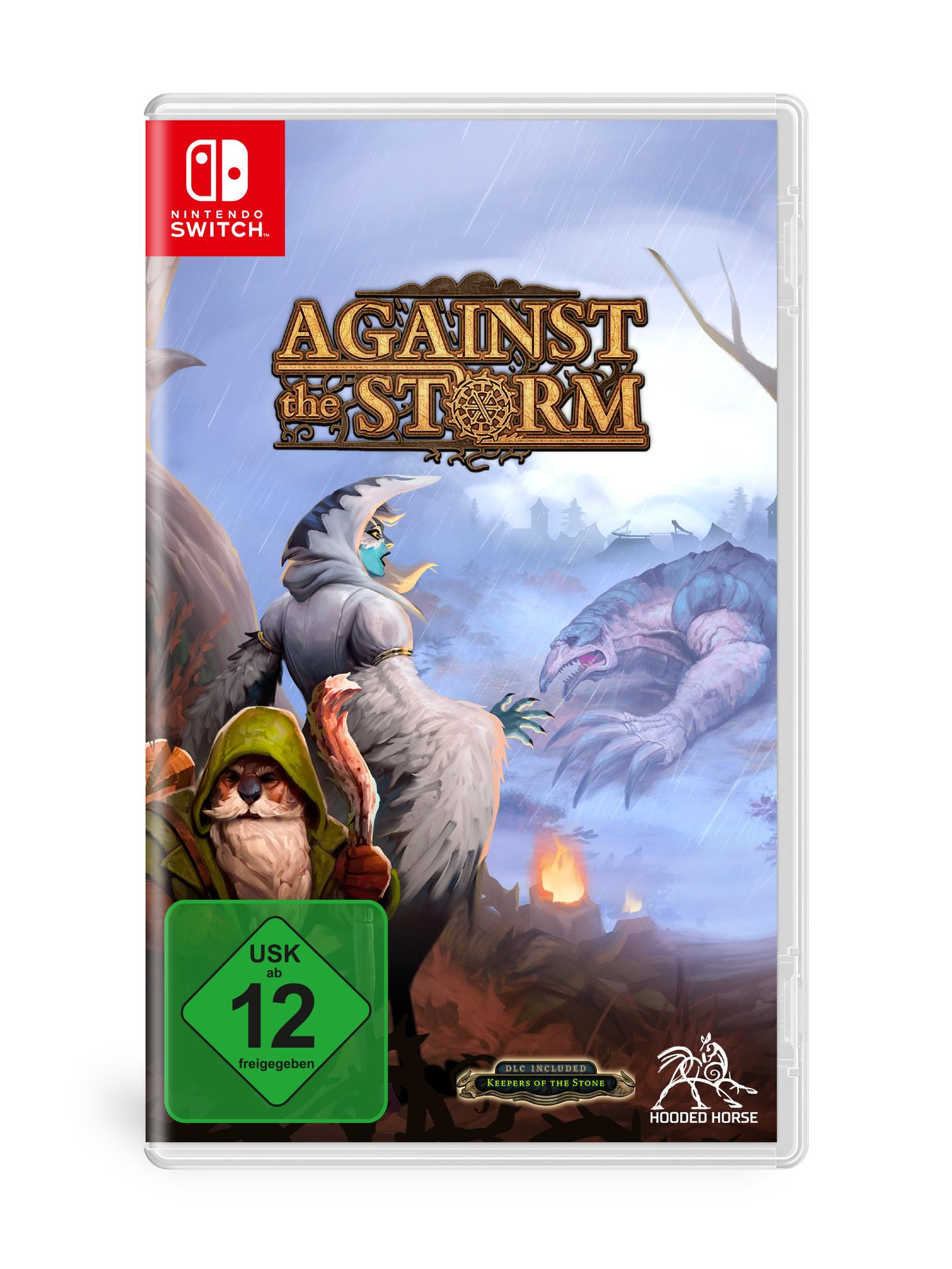 Eine Spielbox für Against the Storm mit Fantasy-Charakteren und einem stürmischen, bergigen Hintergrund.