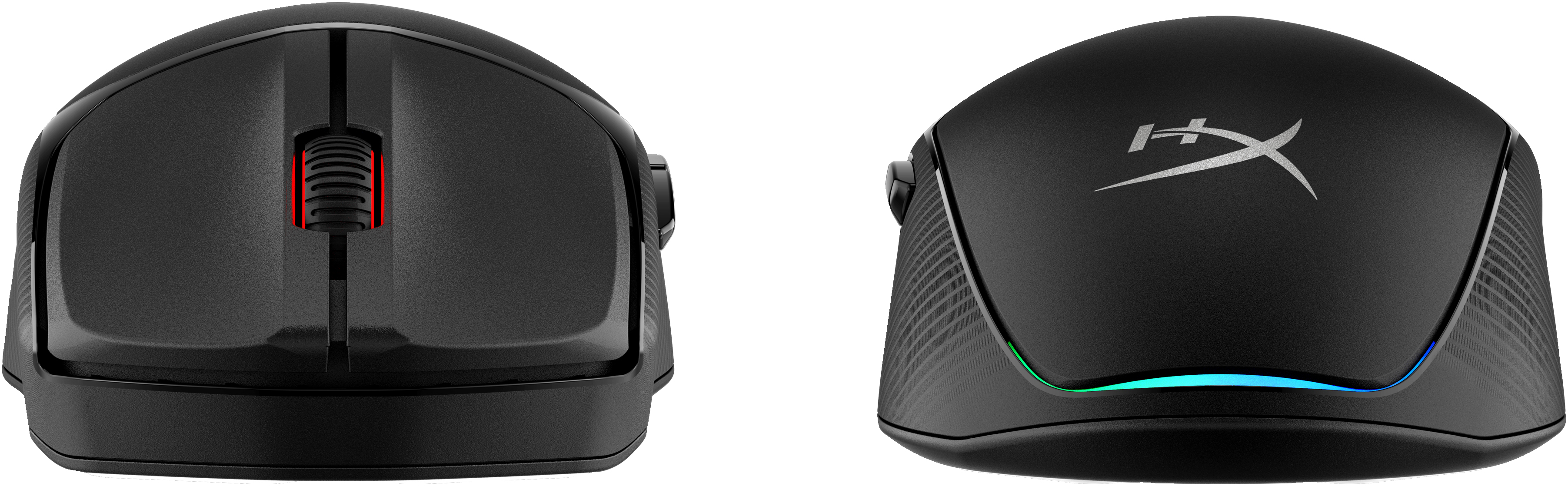 Two views of a black gaming mouse. Top view and angled view, showing scroll wheel.