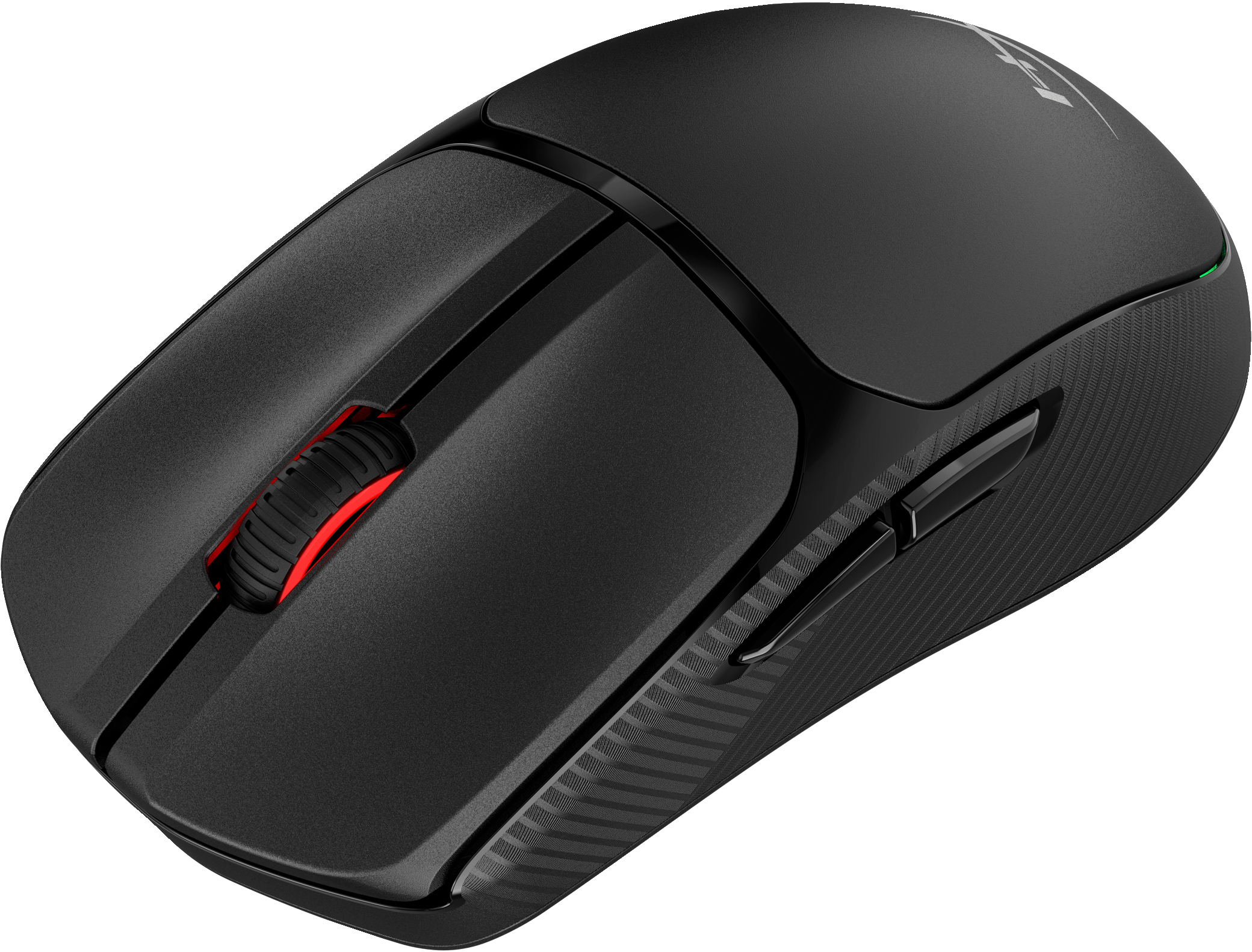 Black gaming mouse. Has scroll wheel with red ring and side buttons. Angled view.