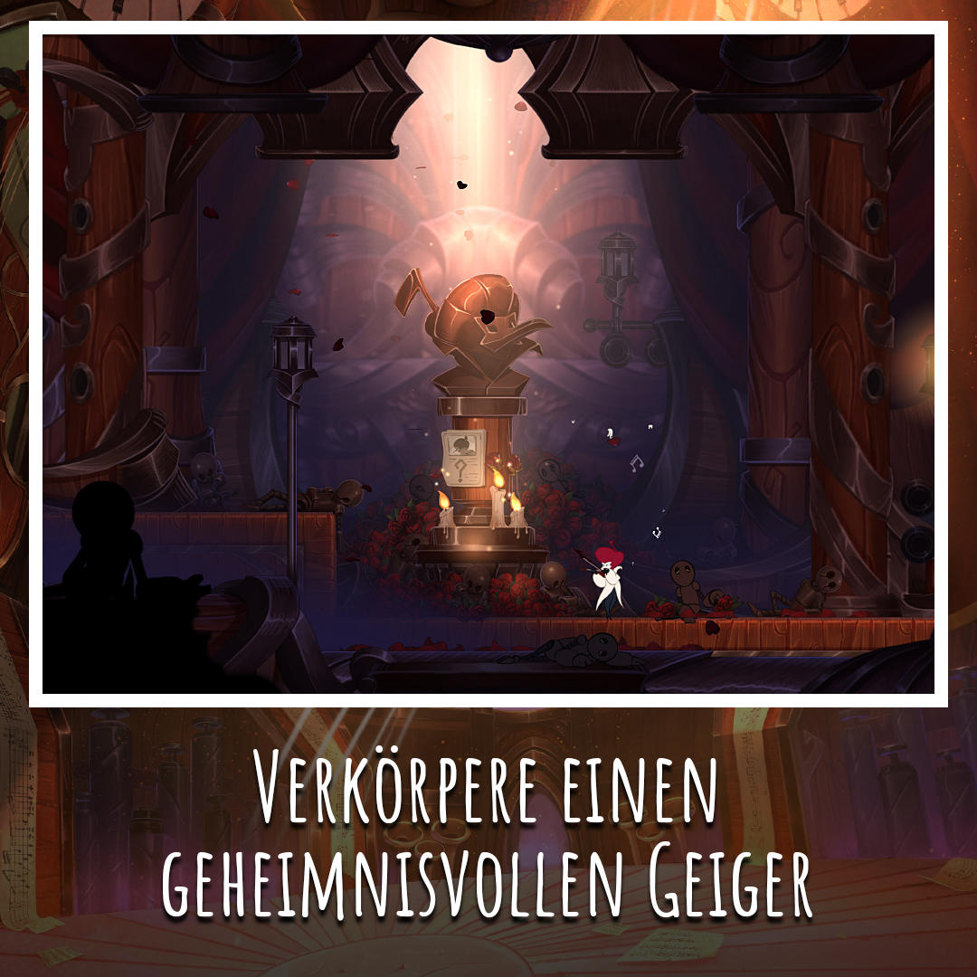 Eine illustrierte Spielszene mit einem Geiger in dunkler, gotischer Umgebung mit Kerzen und Totenköpfen.