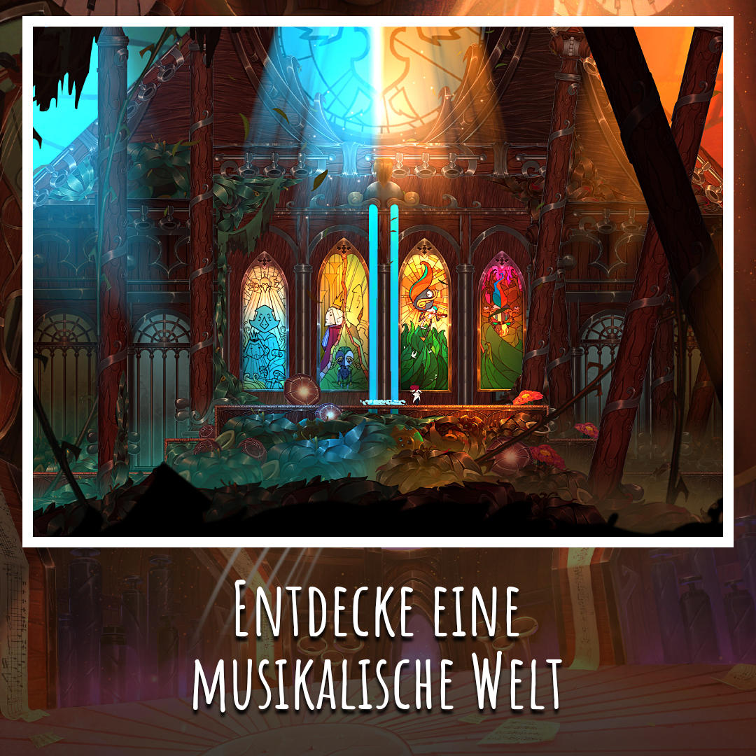 Eine illustrierte Spielszene mit einer Figur in einem Buntglasfenster, in einer musikalischen Welt.
